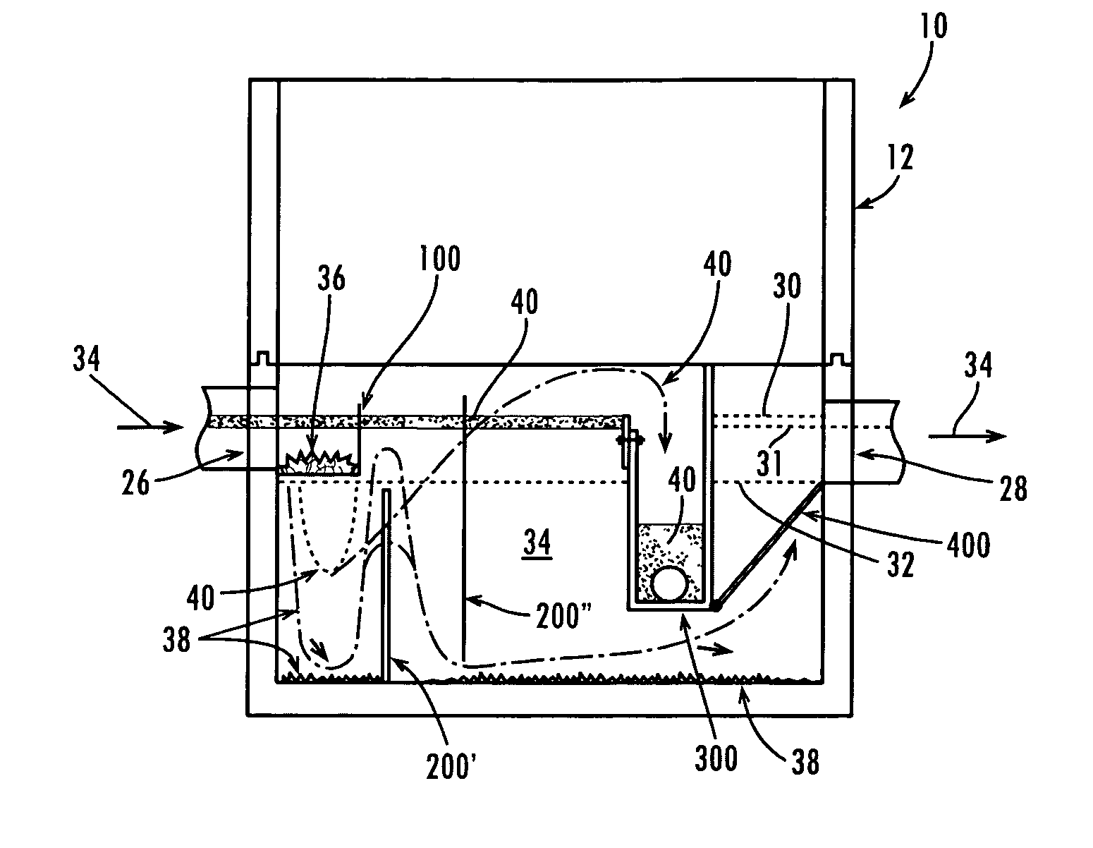 Water pollution trap with water flow baffles