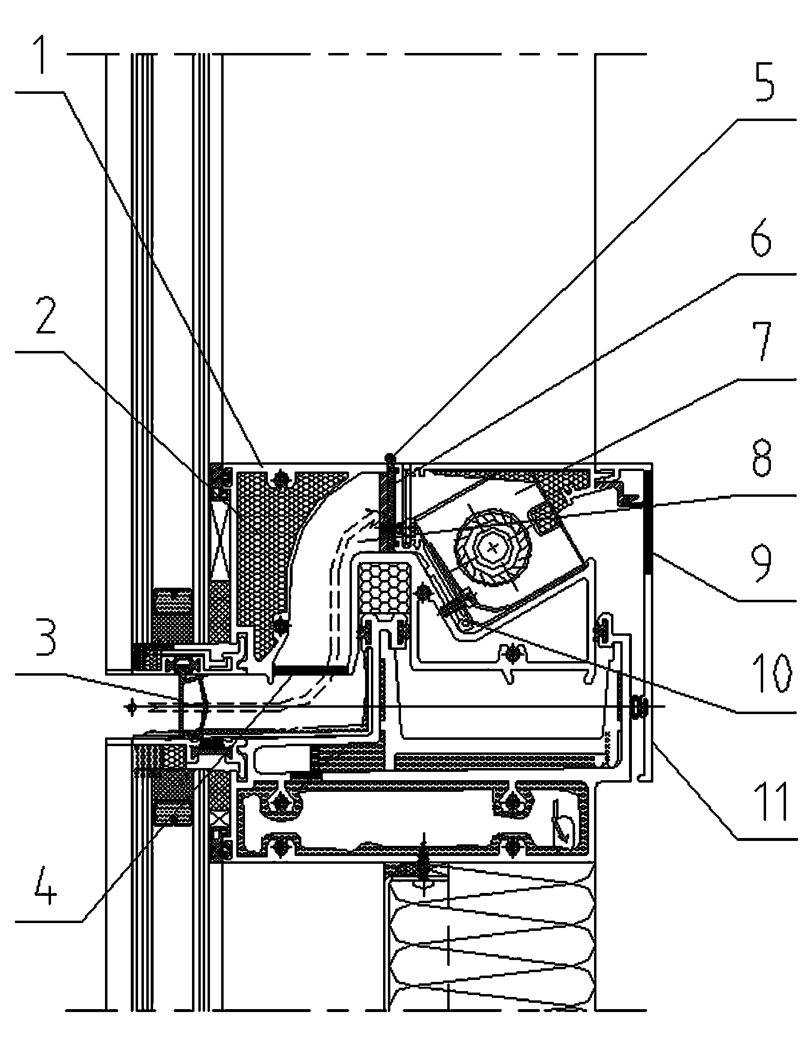 Ventilator integrated on lower transverse keel of unitized curtain wall