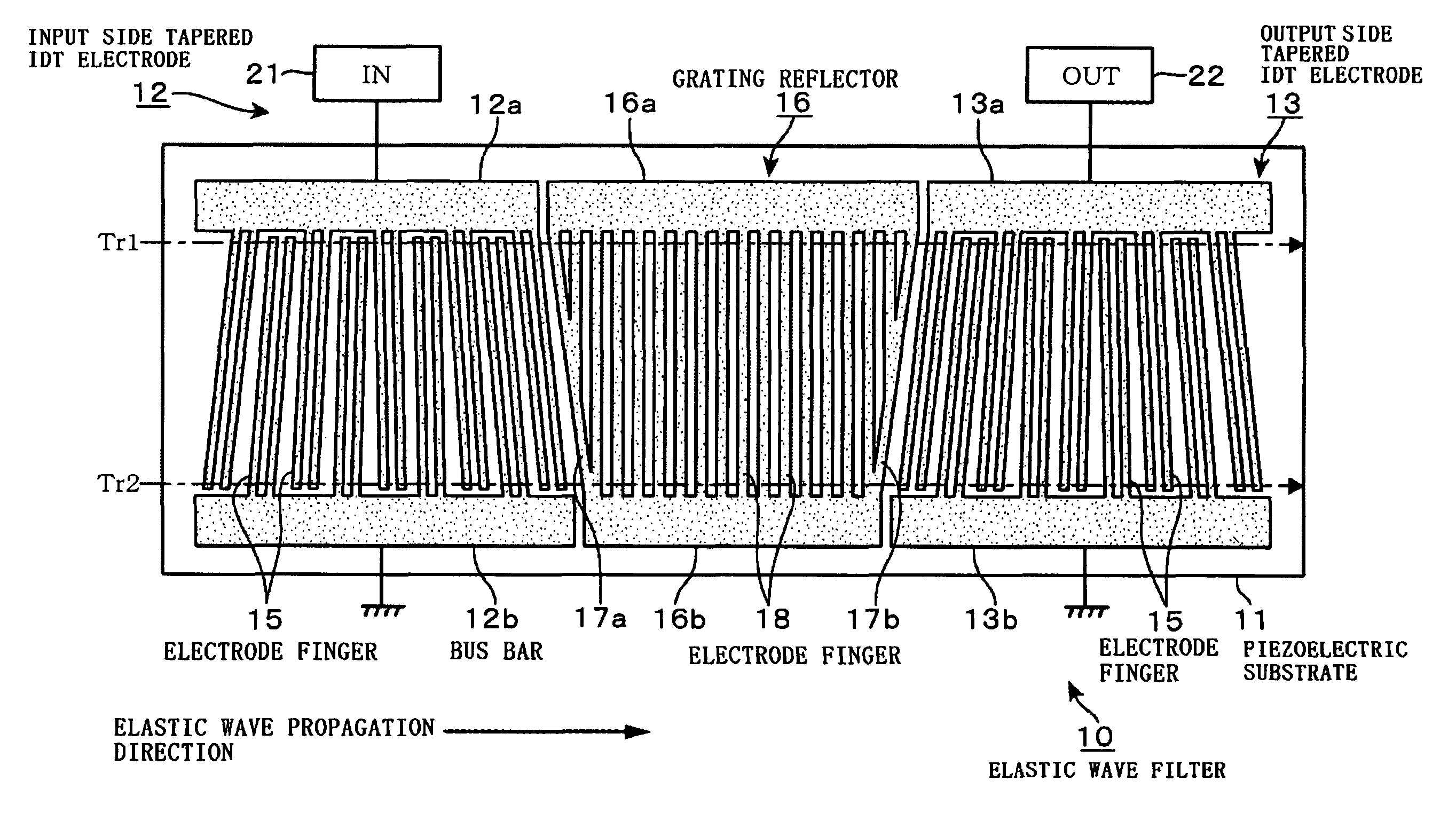 Elastic wave filter including a grating reflector between tapered input and output IDT electrodes