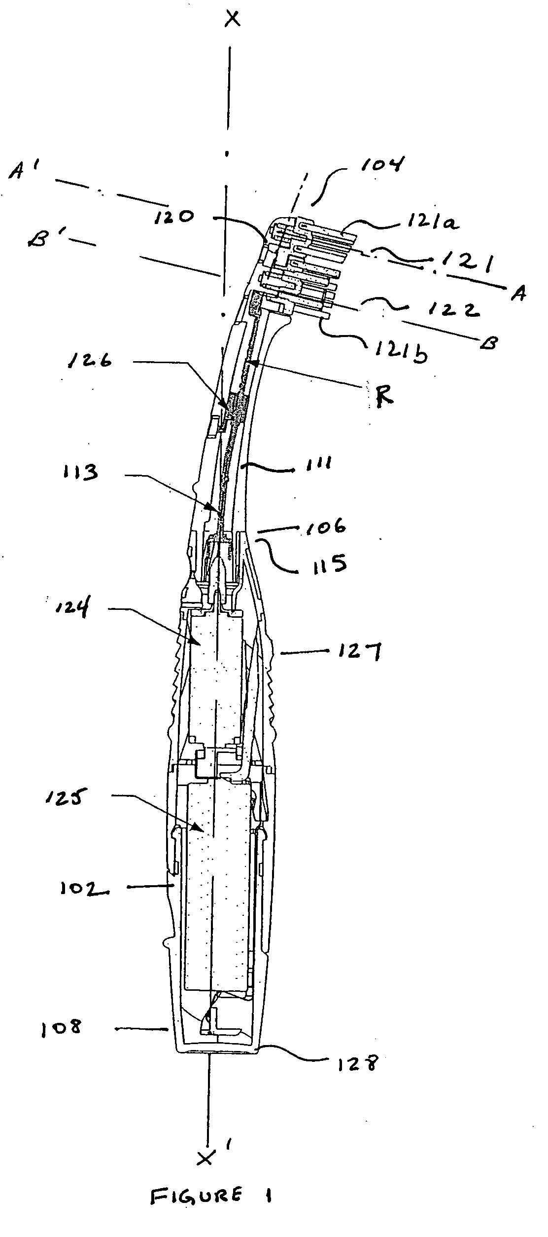 Powered toothbrush with curved neck and flexible shaft and single battery