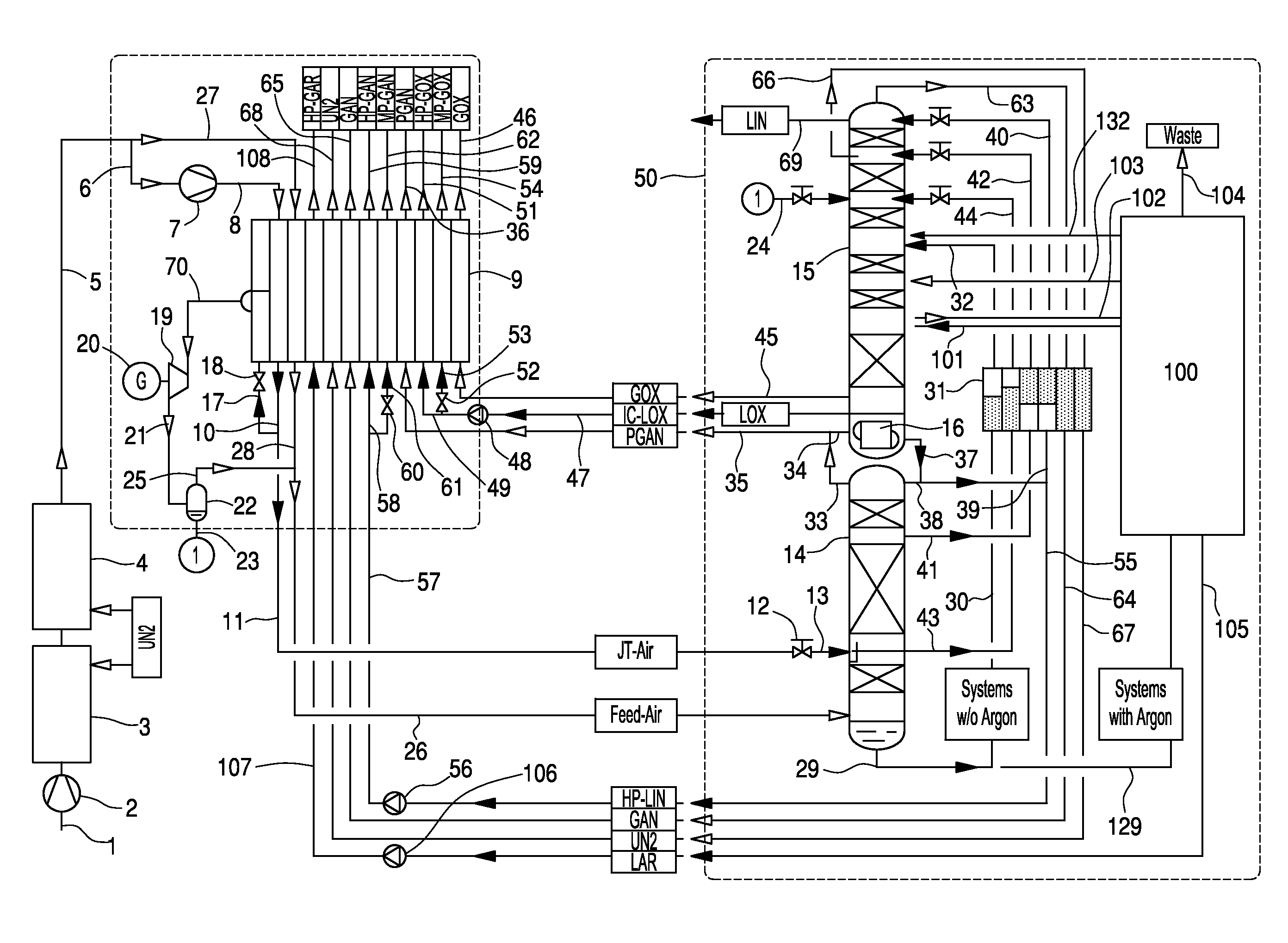 Processes and Device for Low Temperature Separation of Air