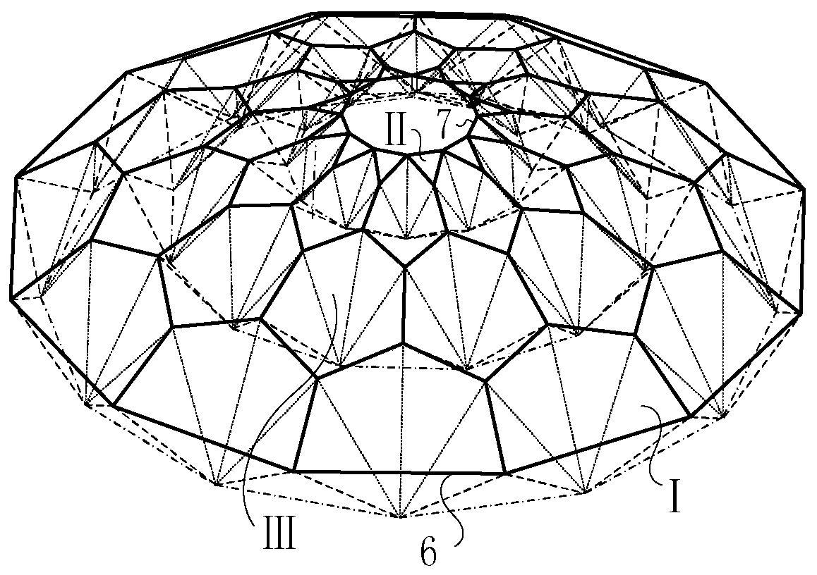 Honeycomb three strut cable dome structure