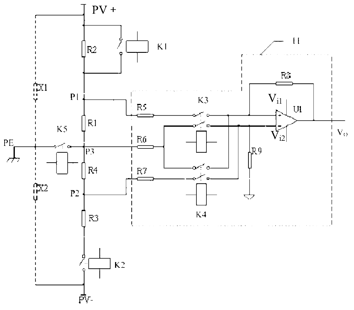 Battery panel ground insulation impedance detection circuit and method