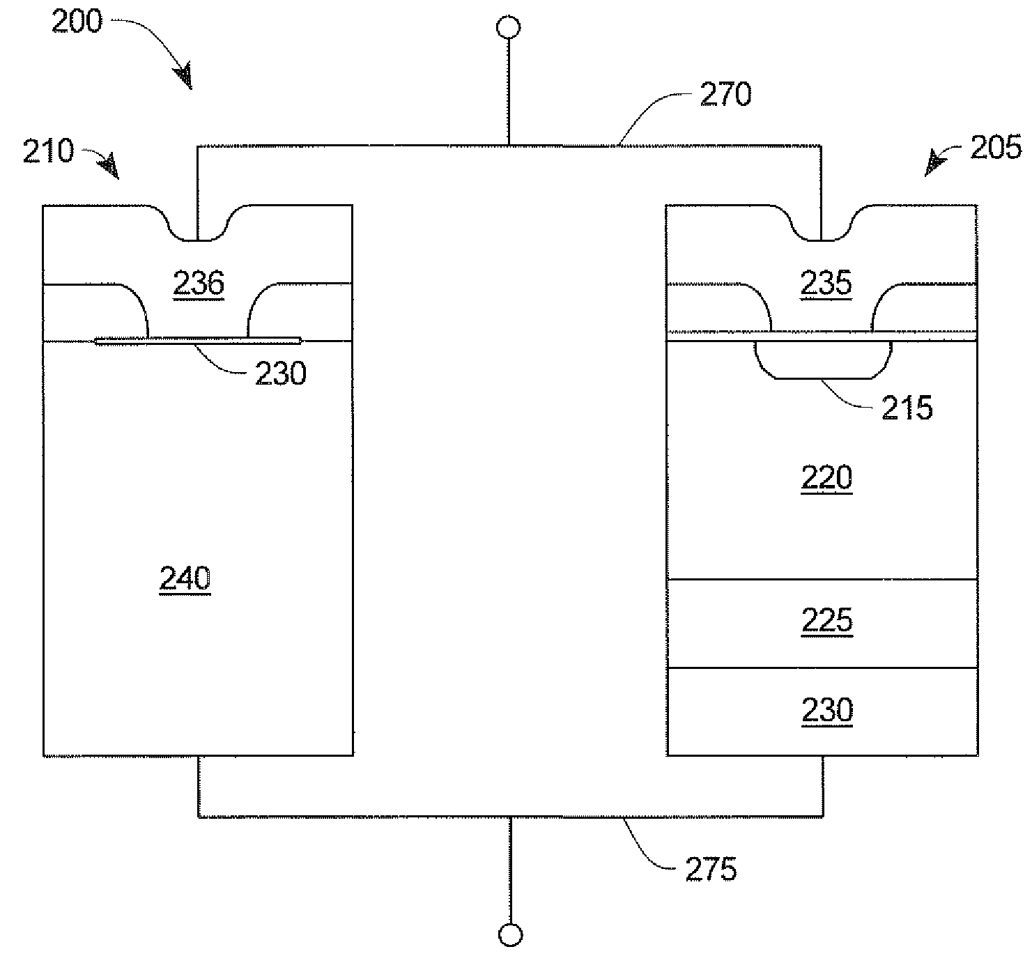 Wide bandgap device in parallel with a device that has a lower avalanche breakdown voltage and a higher forward voltage drop than the wide bandgap device