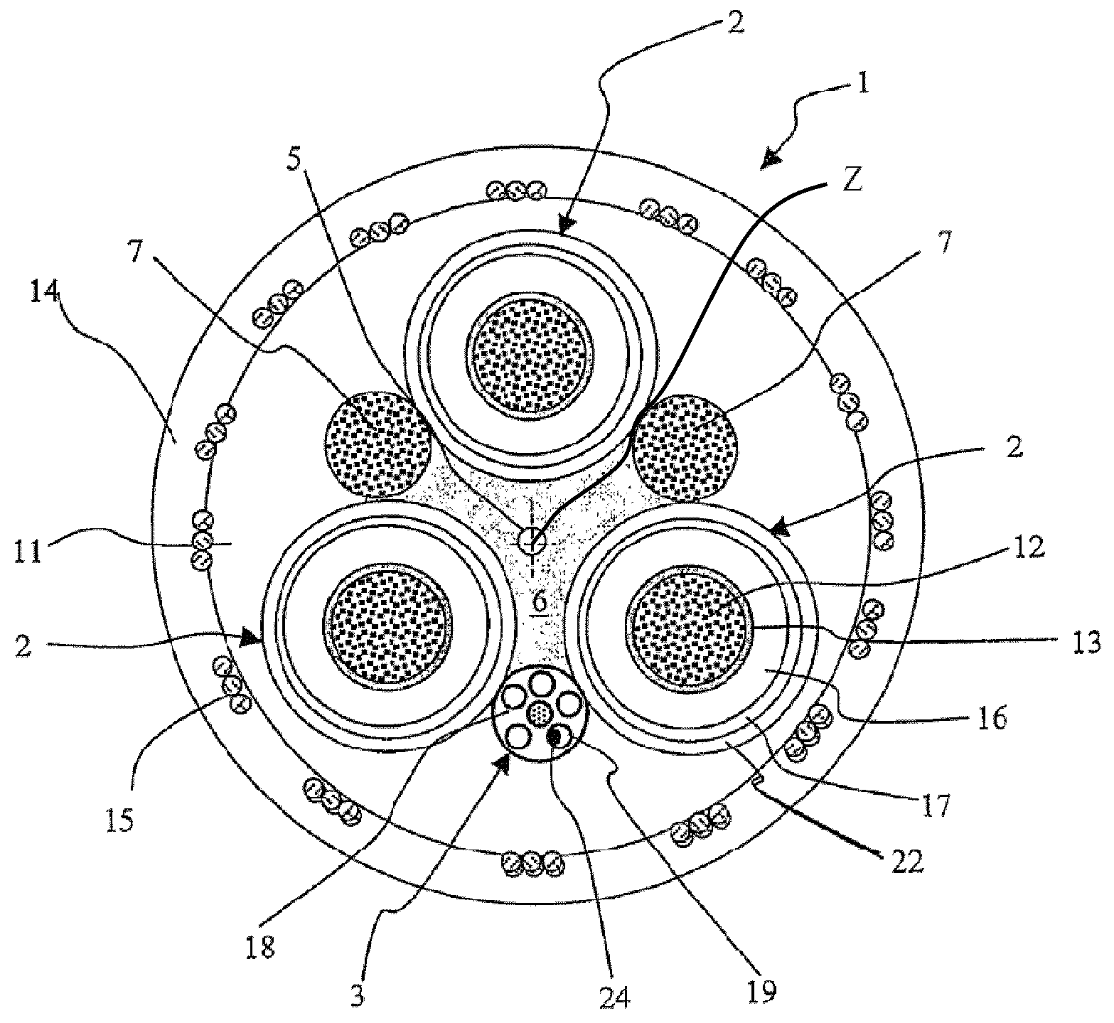 Electric cable with bending sensor and monitoring system and method for detecting bending in at least one electric cable