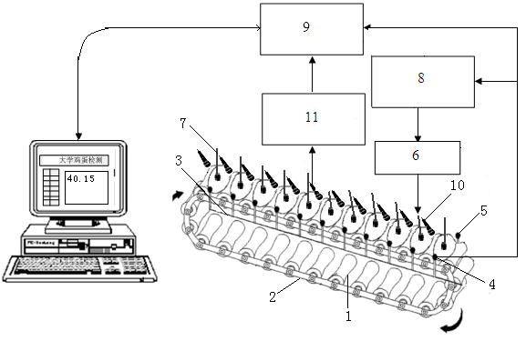 On-line nondestructive detection method and device for eggshell strength