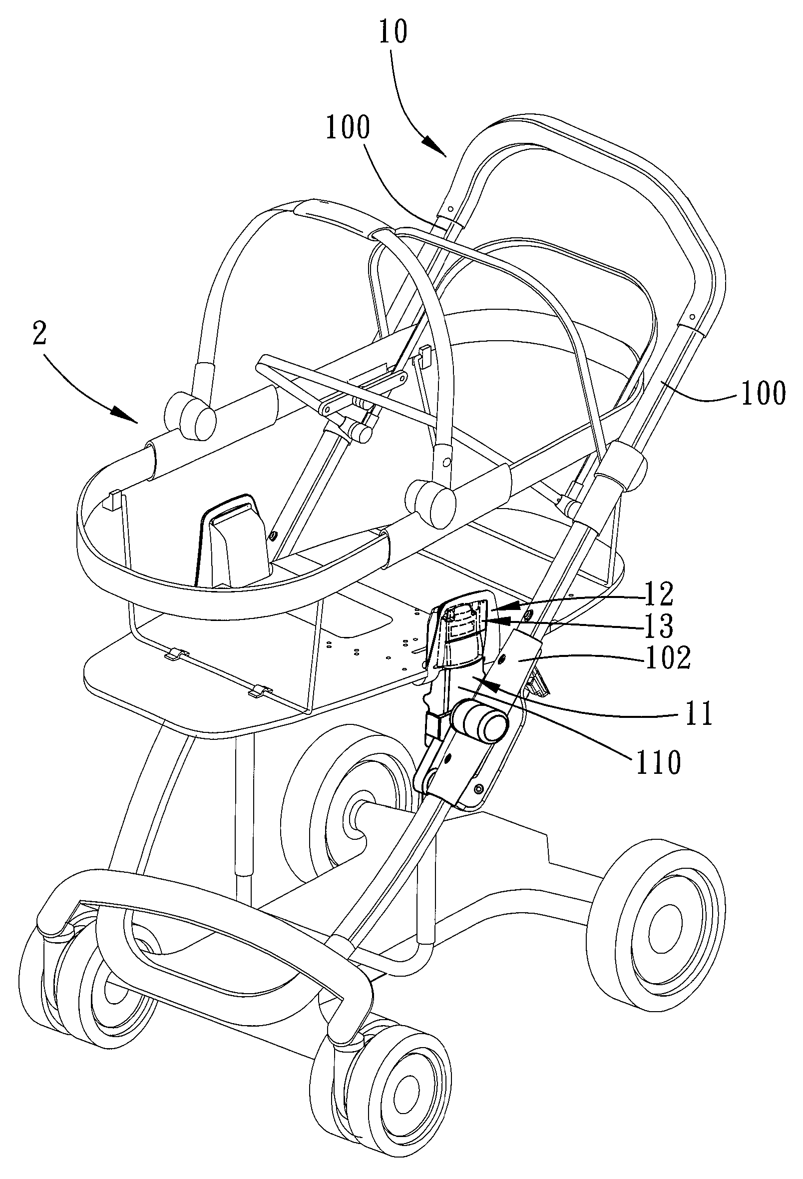 Latch device for coupling a carrier to a stroller frame