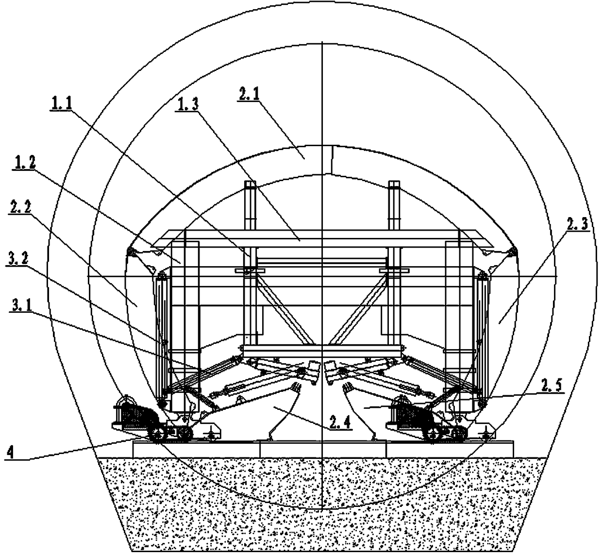 Extensible steel form jumbo capable of moving in all directions