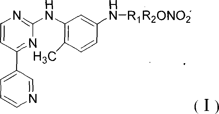 N-(5-amido-2-methyl phenyl)-4-(3-pyridinyl)-2-aminopyrimidine nitric oxide donating derivant, production method and uses thereof