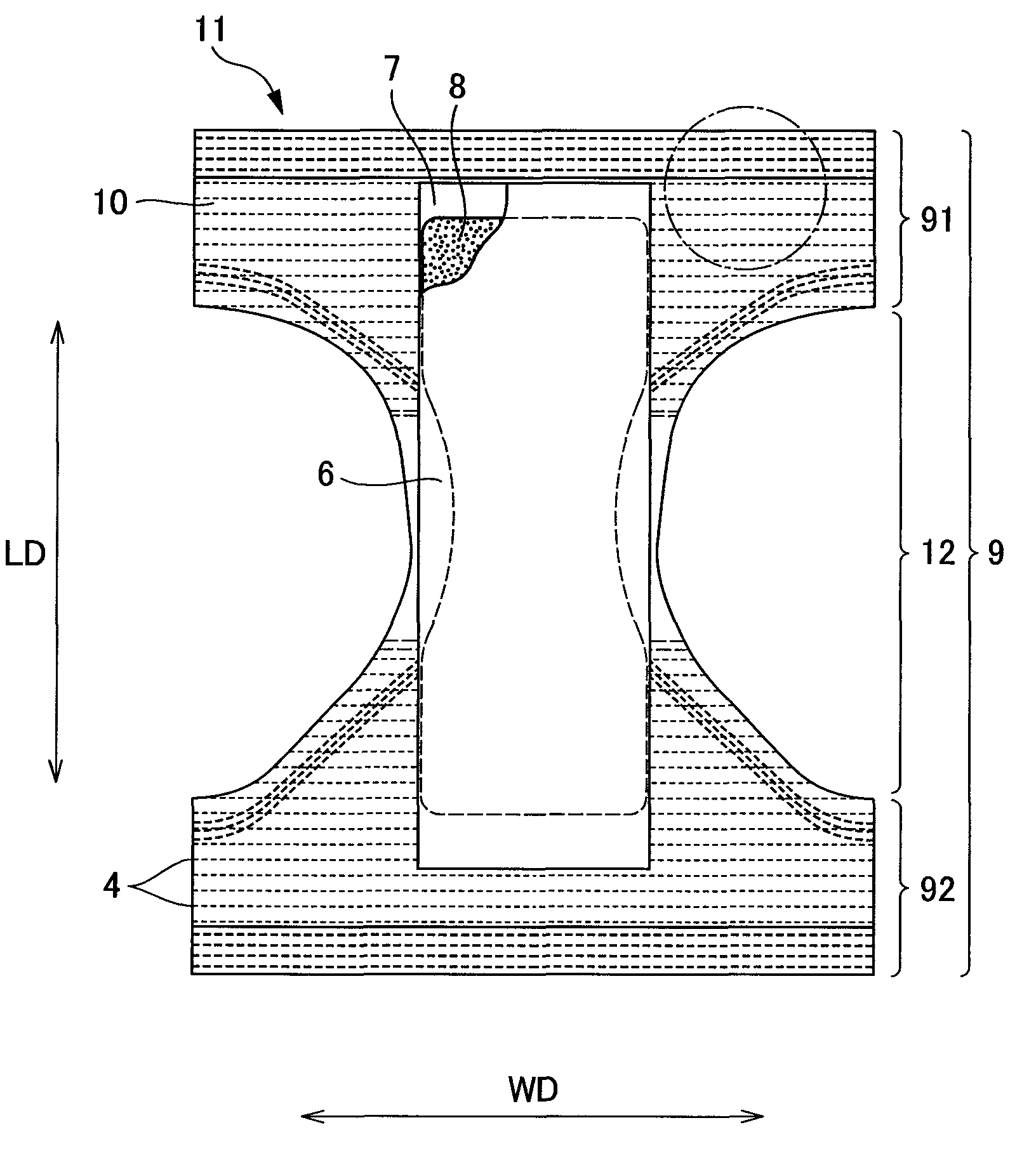 Sheet member, high-density region-containing sheet manufacturing method and disposable diaper using sheet member