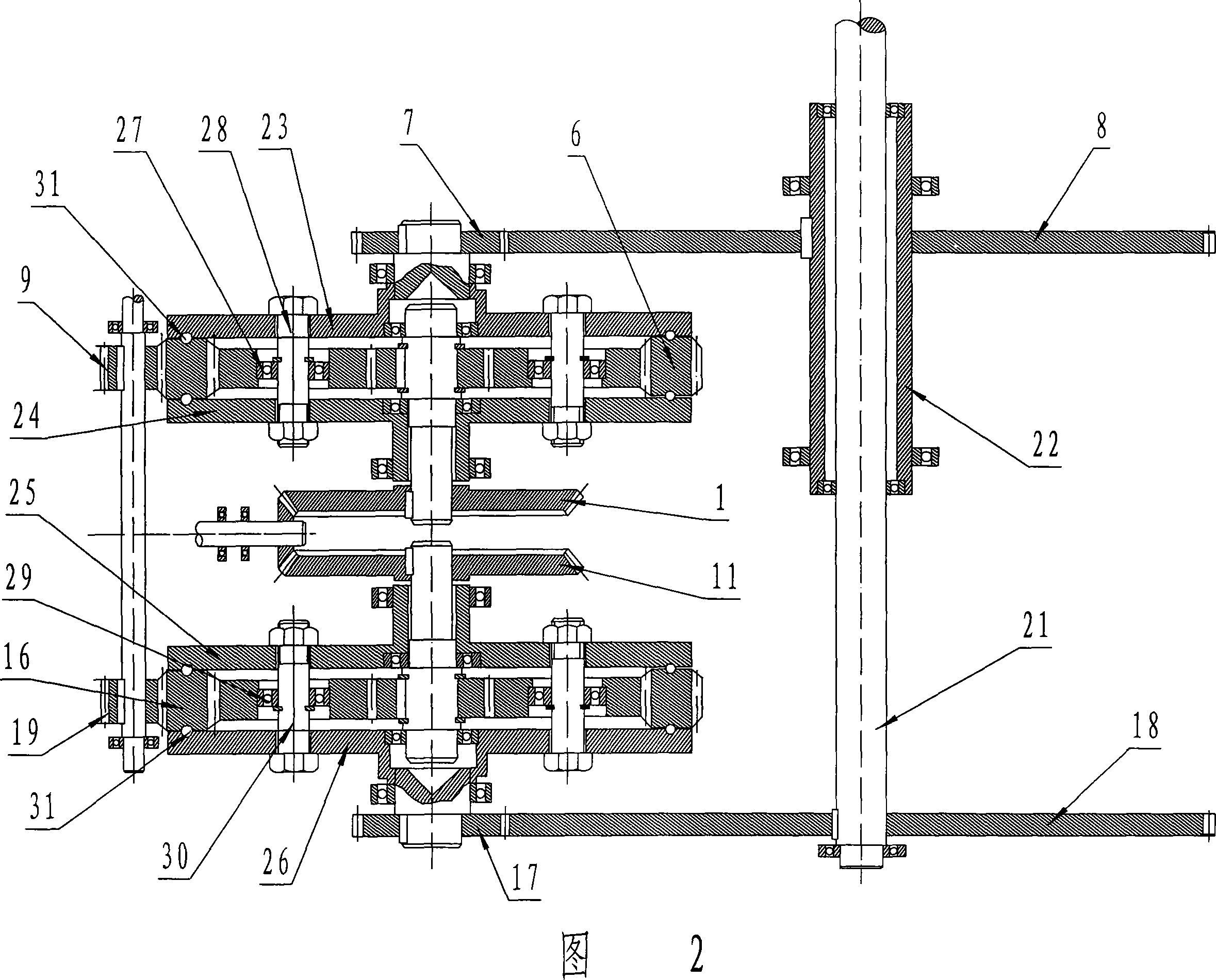 Constant-speed differential speed double-axis reverse output transmission method and device