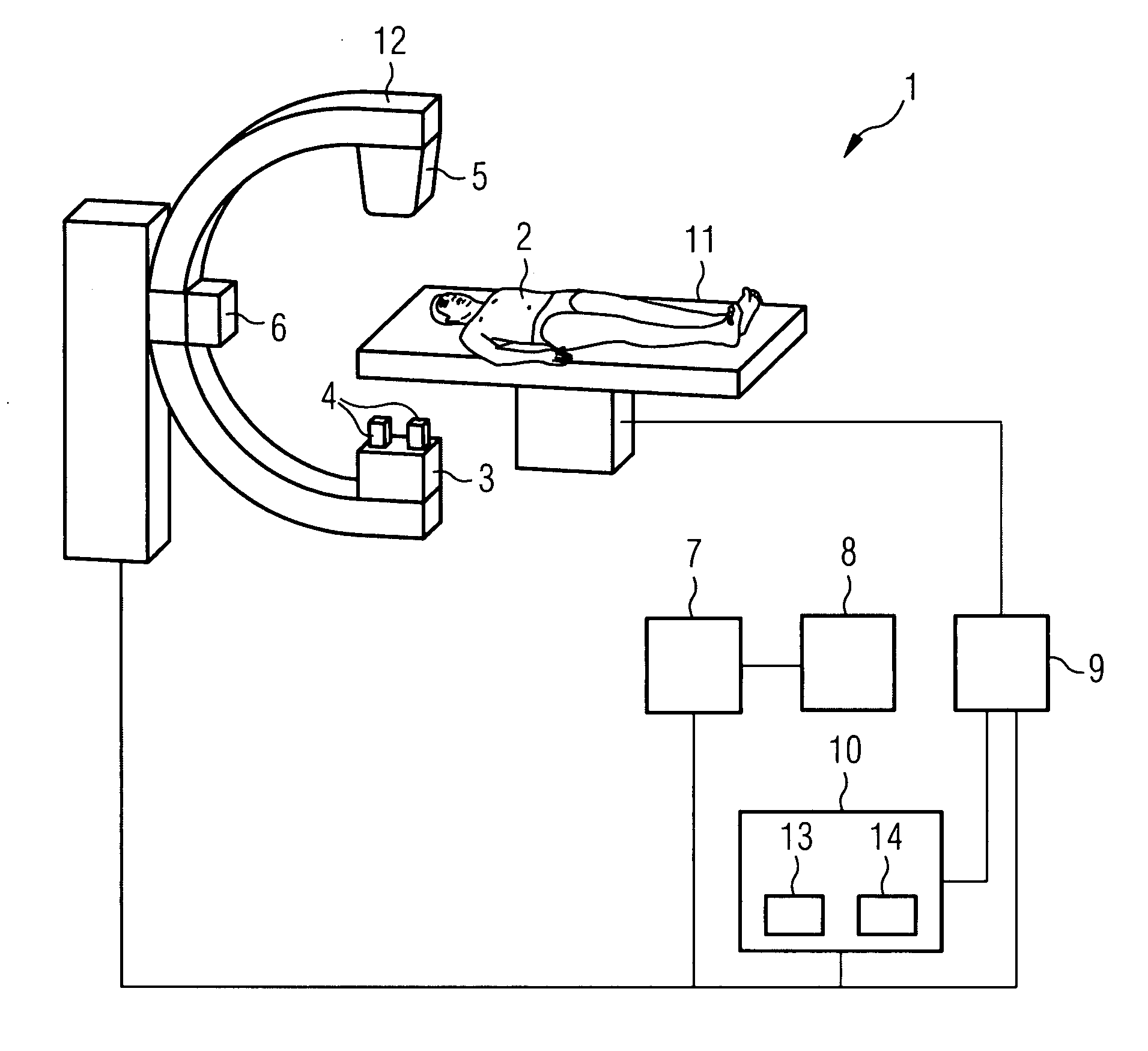 Angiography device and associated recording method with a mechanism for collision avoidance