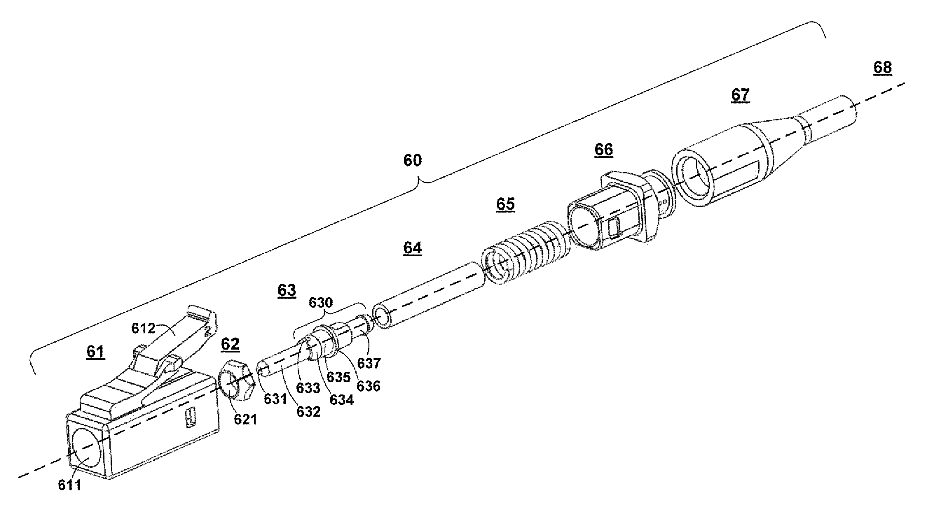 Simplex connectors for multicore optical fiber cables