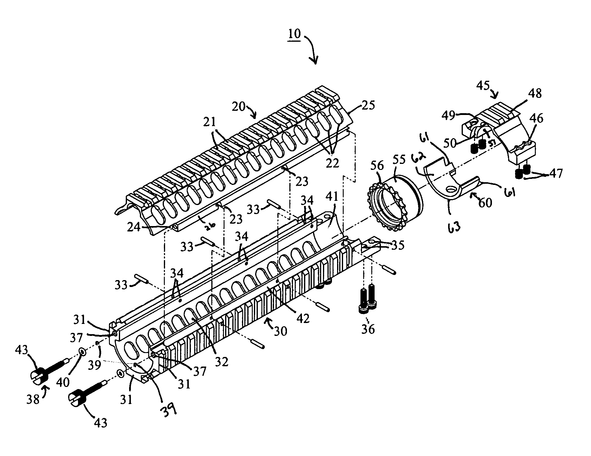 Top opening, modular top rail, multi-rifle adaptable free float rail adaptor system (ARM-R)