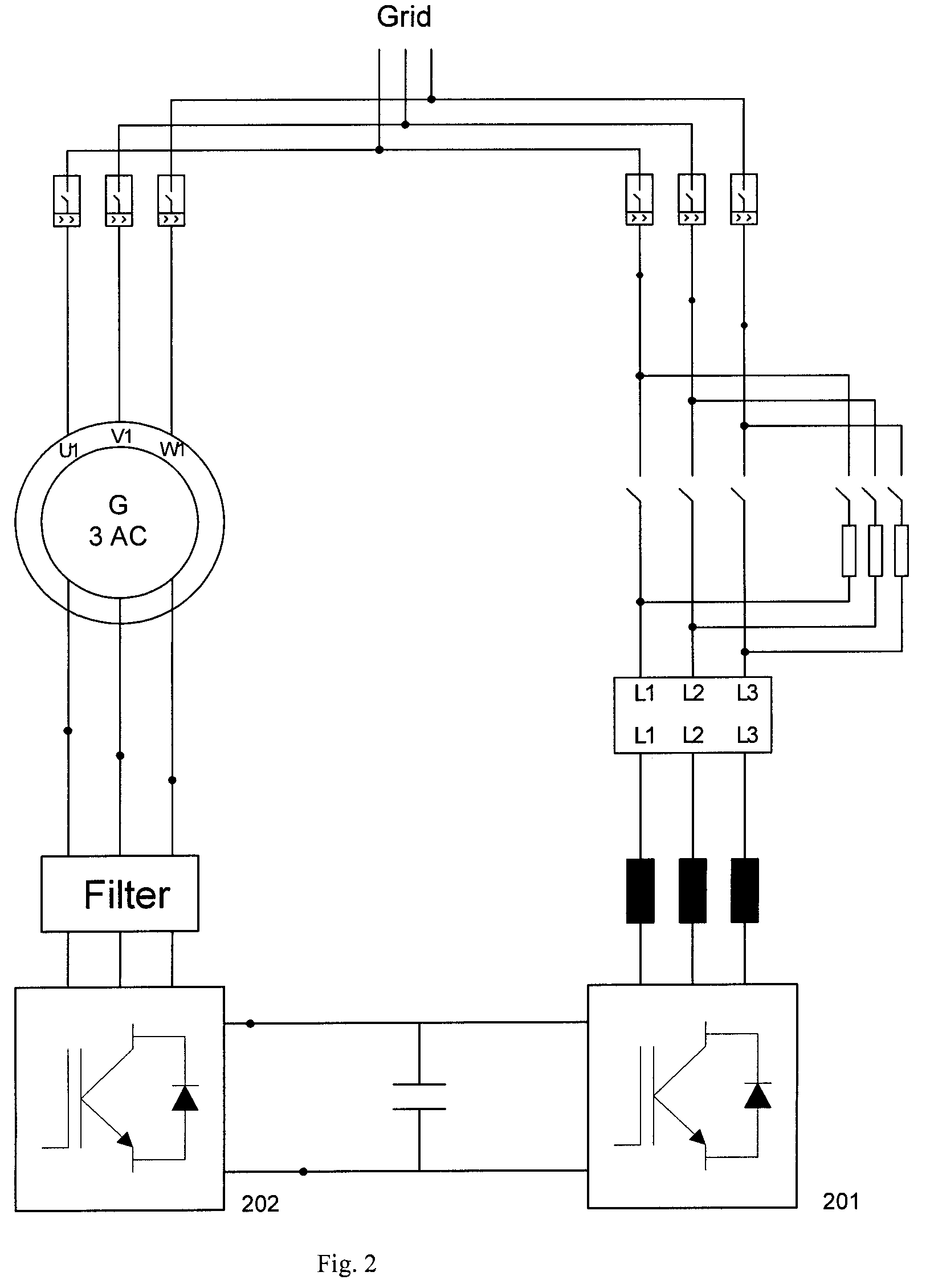 Low voltage ride through system for a variable speed wind turbine having an exciter machine and a power converter not connected to the grid