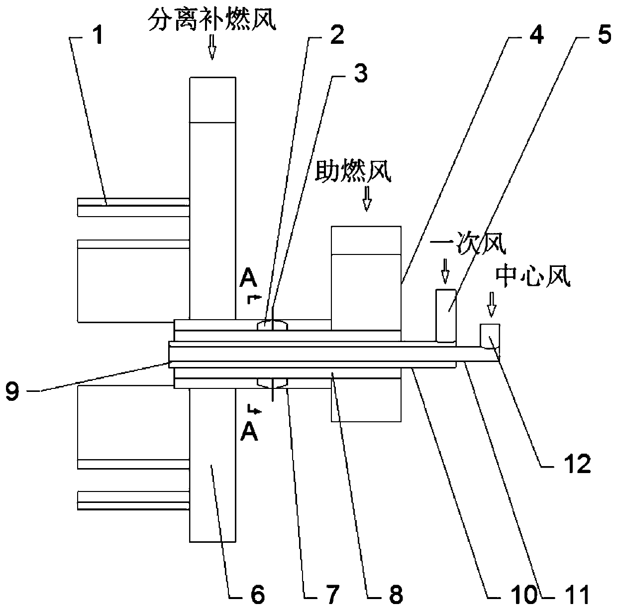 Industrial pulverized coal boiler burner with secondary air axial blade angle capable of being adjusted