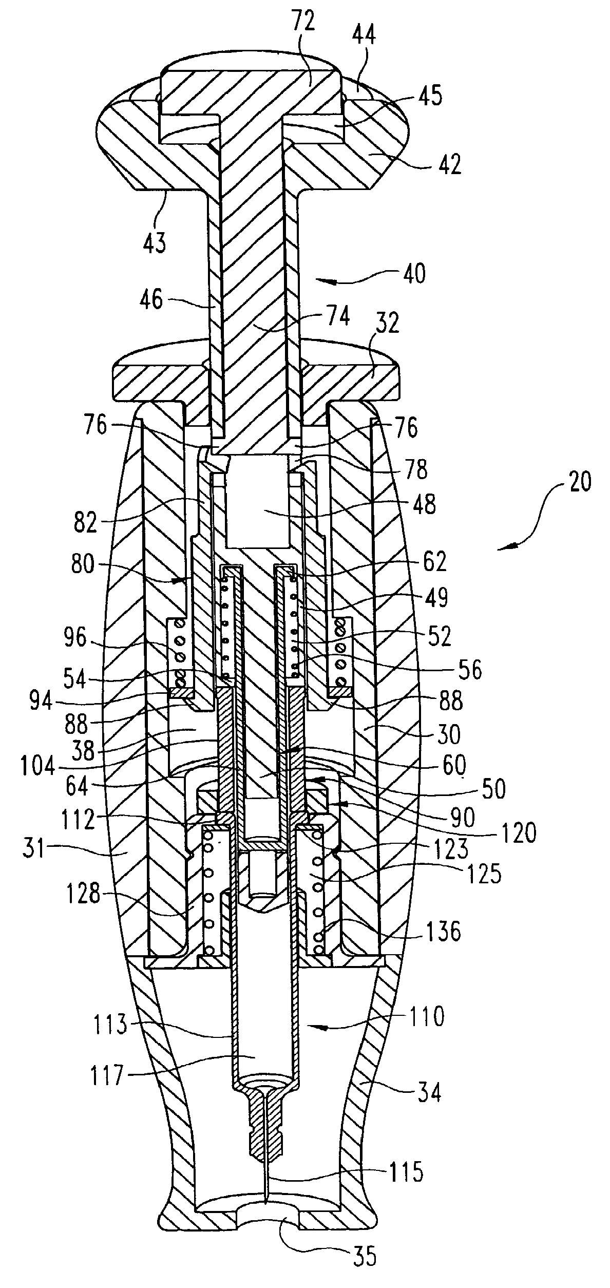 Needled pharmaceutical delivery device with triggered automatic needle insertion and manually controlled pharmaceutical injection