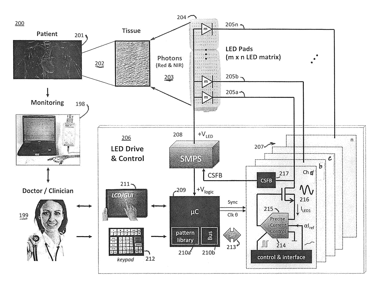 Phototherapy system and process including dynamic LED driver with programmable waveform