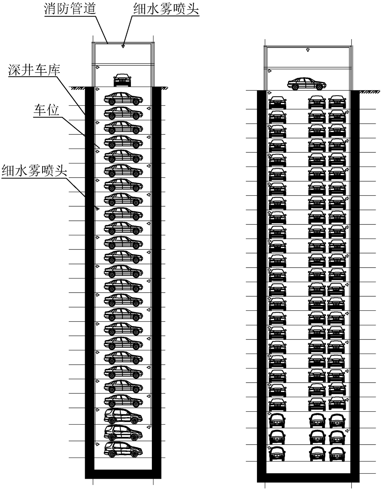 Deep-well garage fine water spray fire fighting system