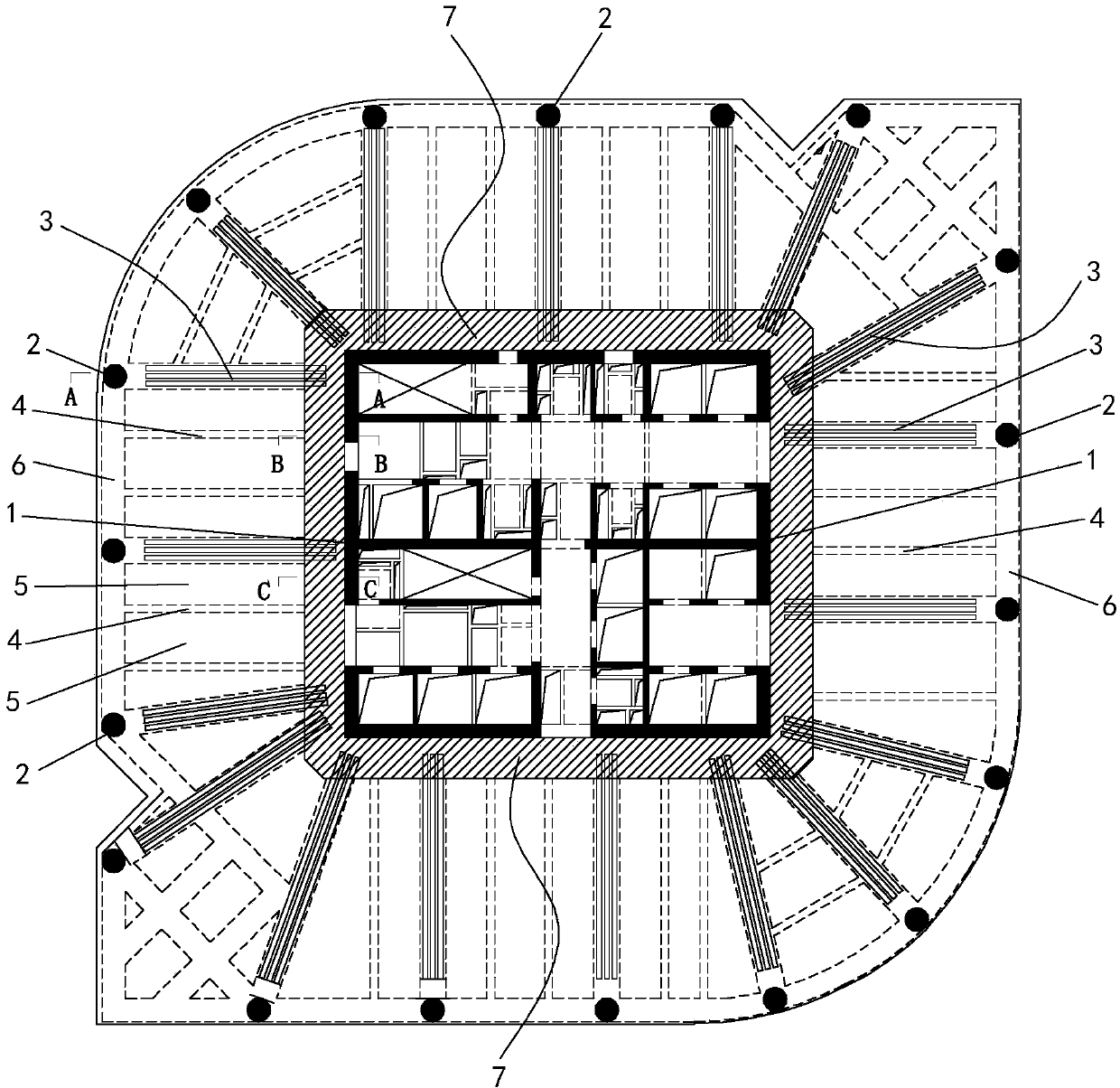 Overhanging wall cap building structure system for shear wall barrel of high-rise building