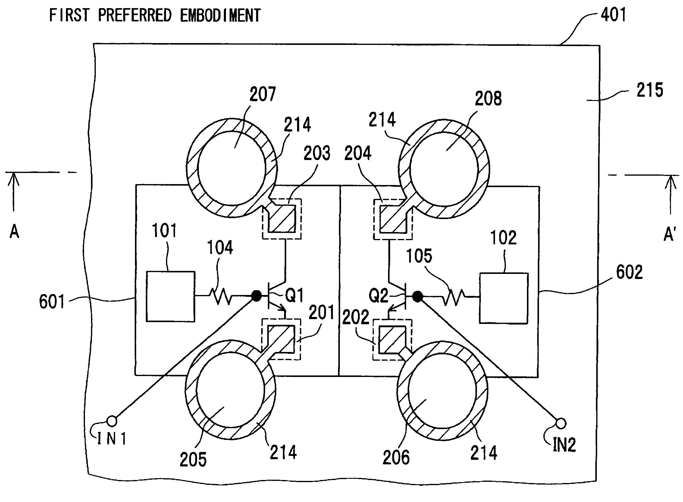 Differential amplifier circuitry formed on semiconductor substrate with rewiring technique