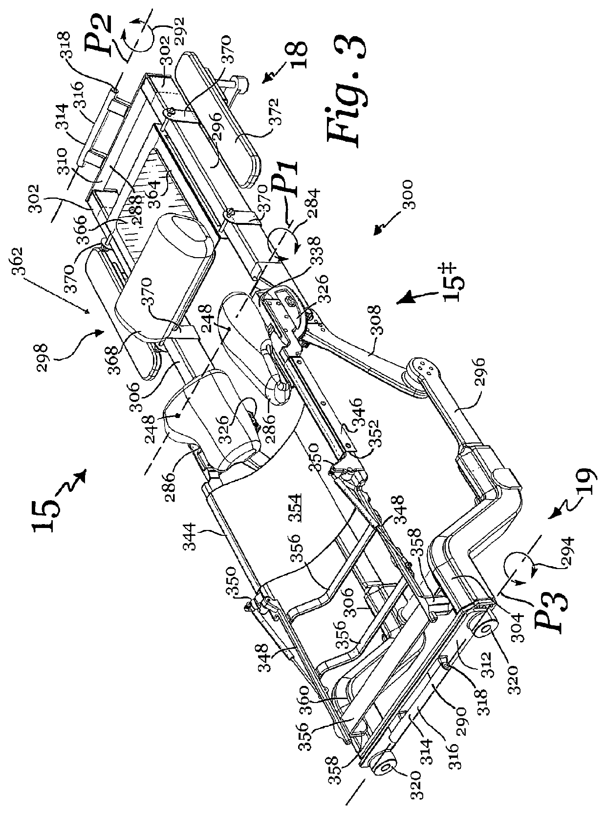 Patient positioning support apparatus with virtual pivot-shift pelvic pads, upper body stabilization and fail-safe table attachment mechanism