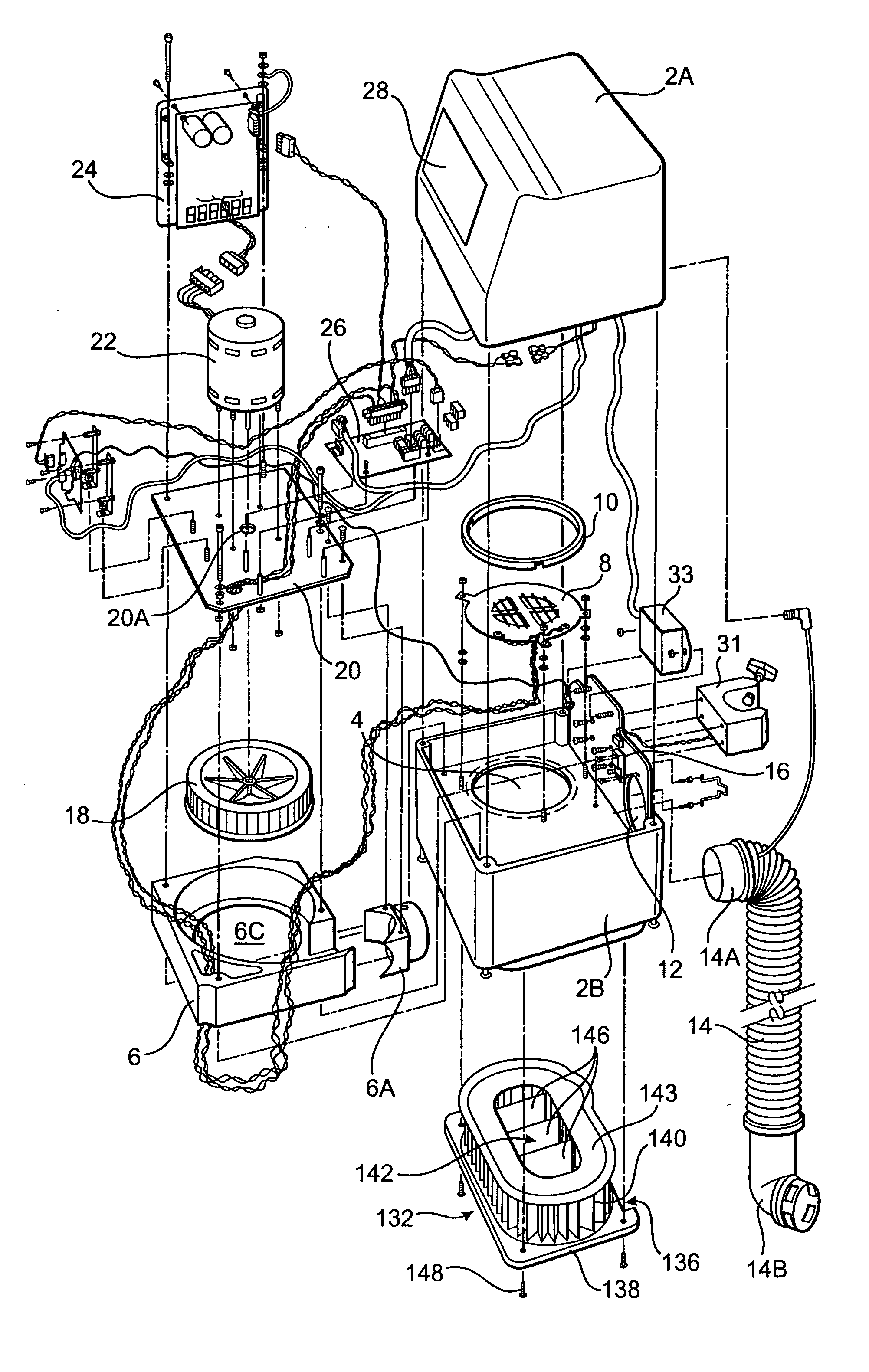 Air convection warmer with noise reduction filter