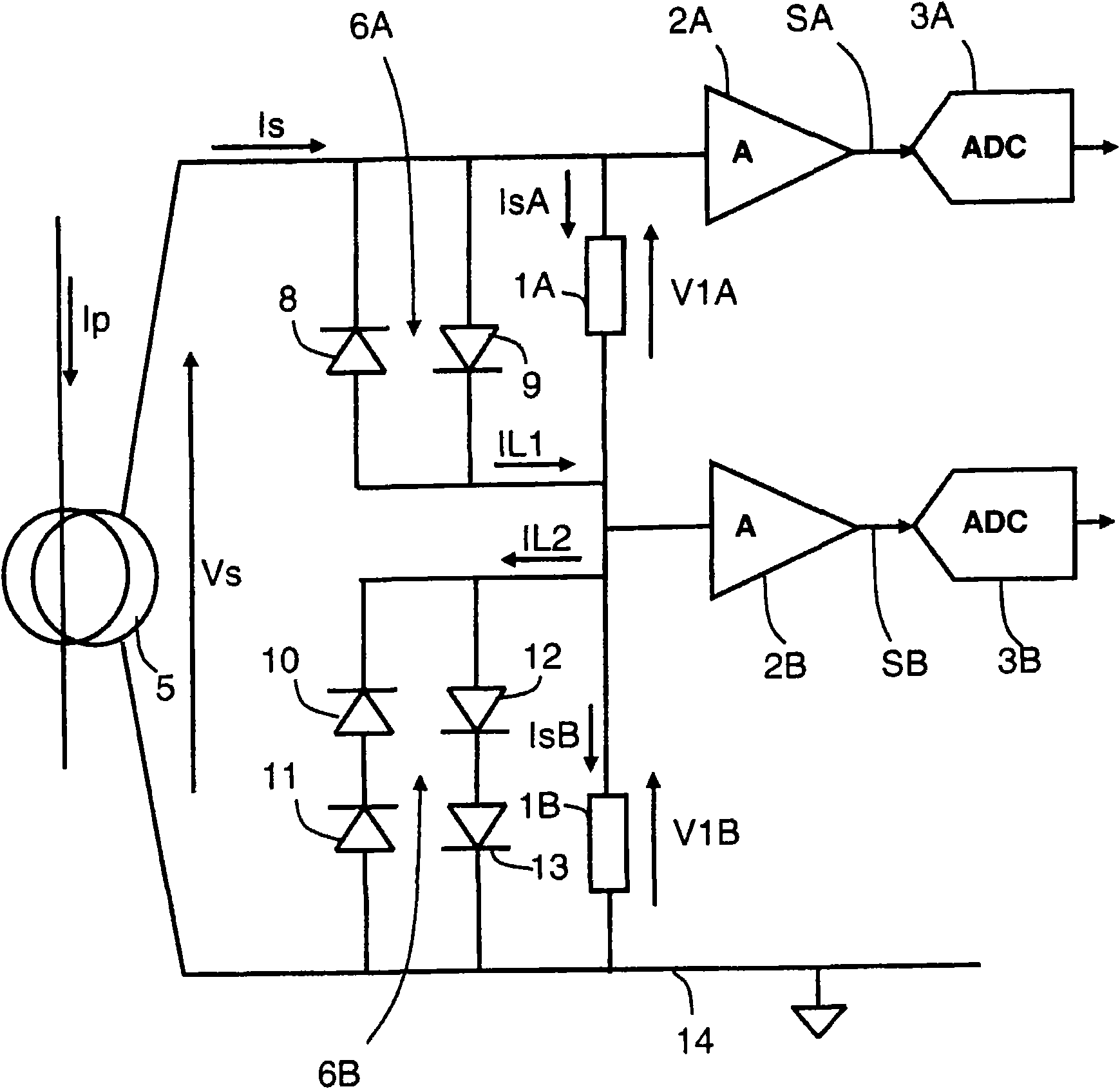 Current measurement device and processing unit comprising such a device