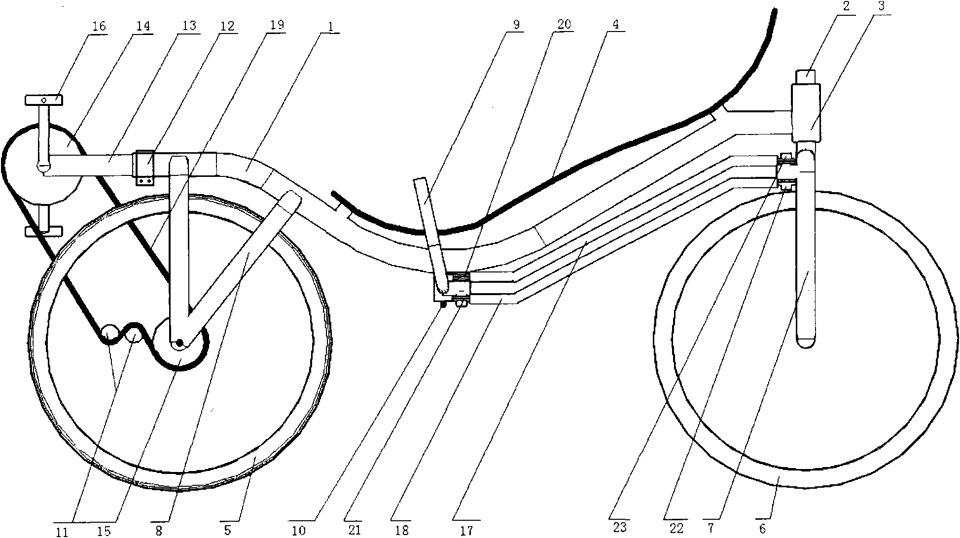 Front-drive rear-steering recumbent bicycle