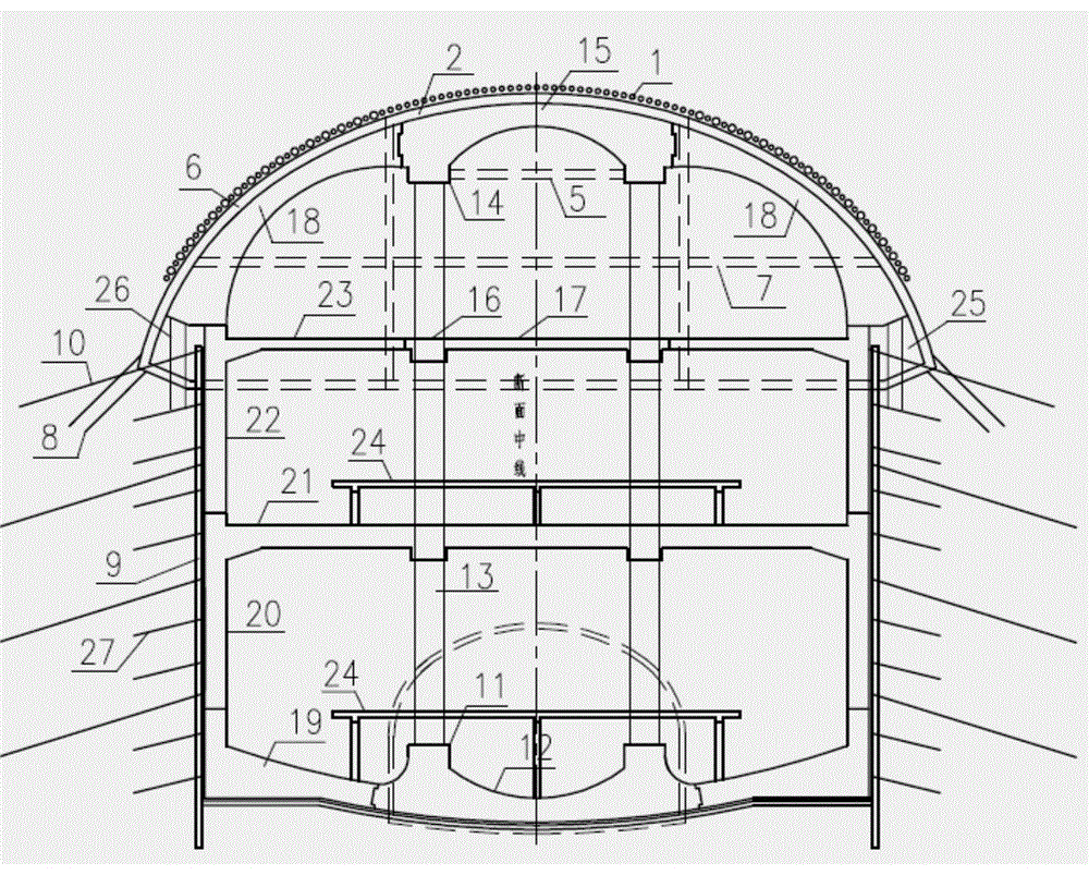 Rock stratum underground excavation three-story subway station umbrella cover structure and construction method thereof