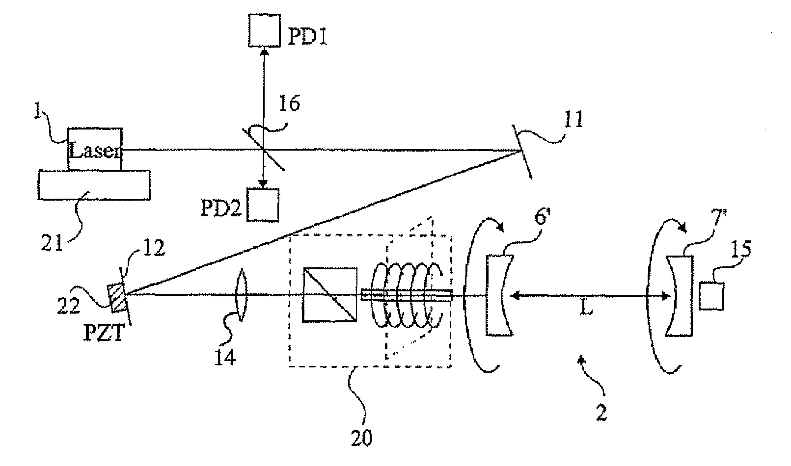 Laser device coupled to a cavity by optical feedback for detecting gas traces