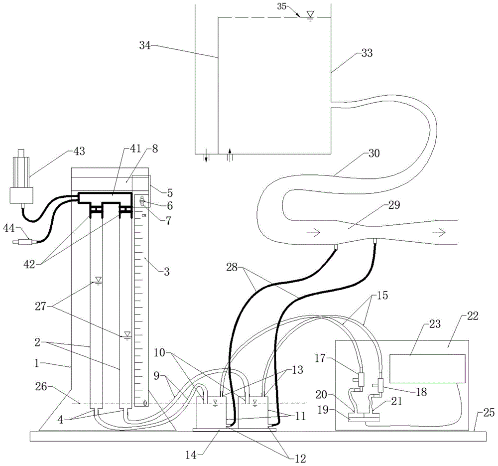 Digital display flow meter for experiment teaching based on piezometer tube display and measuring method thereof