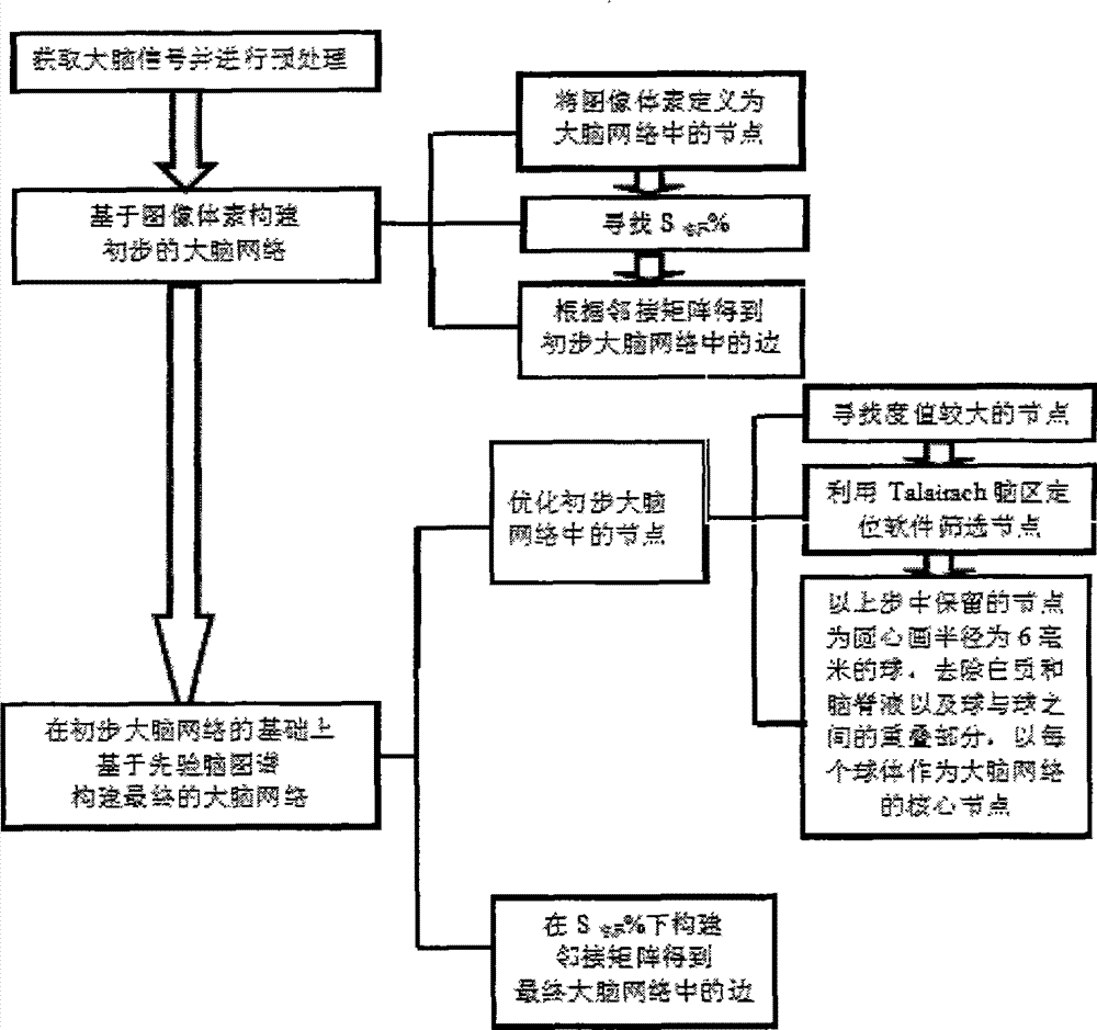 Image voxel and priori brain atlas division fused brain network construction method