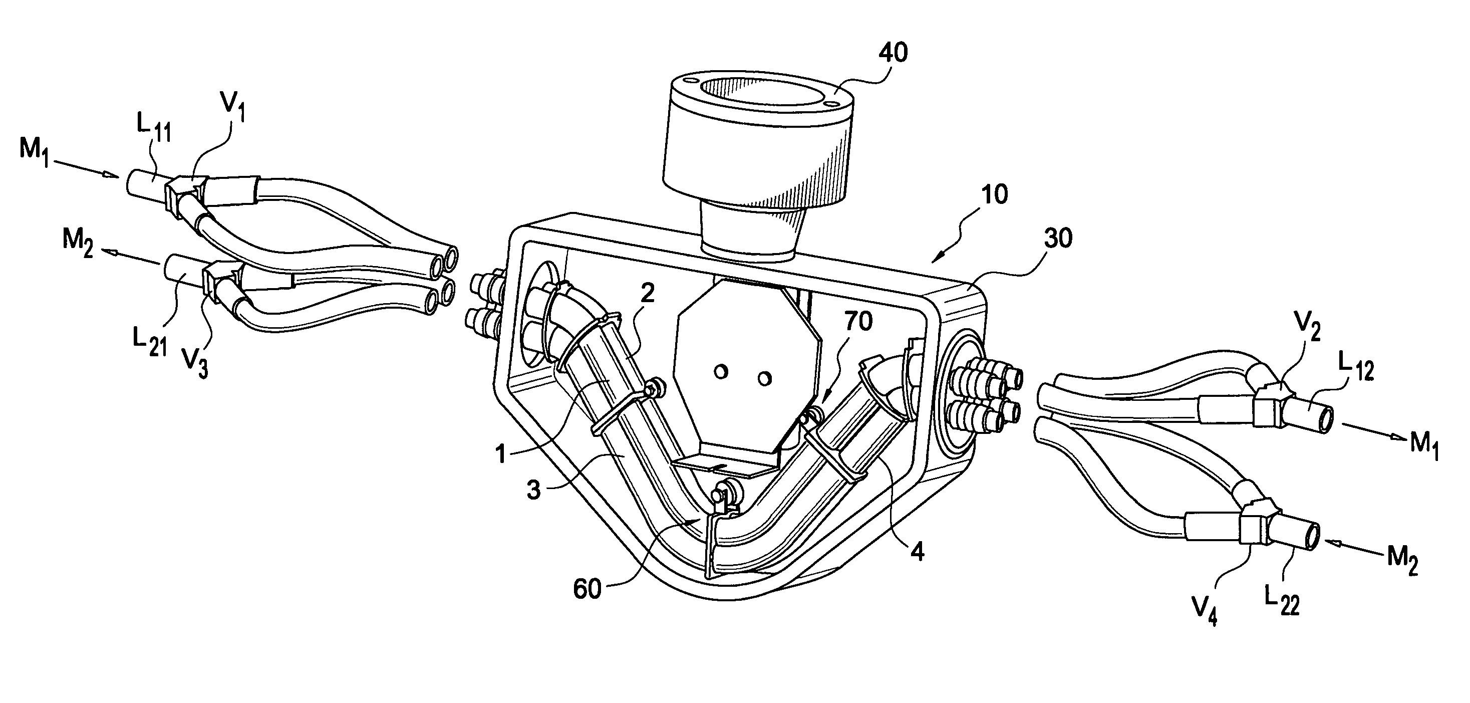 Vibration-type measurement pickup for measuring media flowing in two medium-lines, and inline measuring device having such a pickup