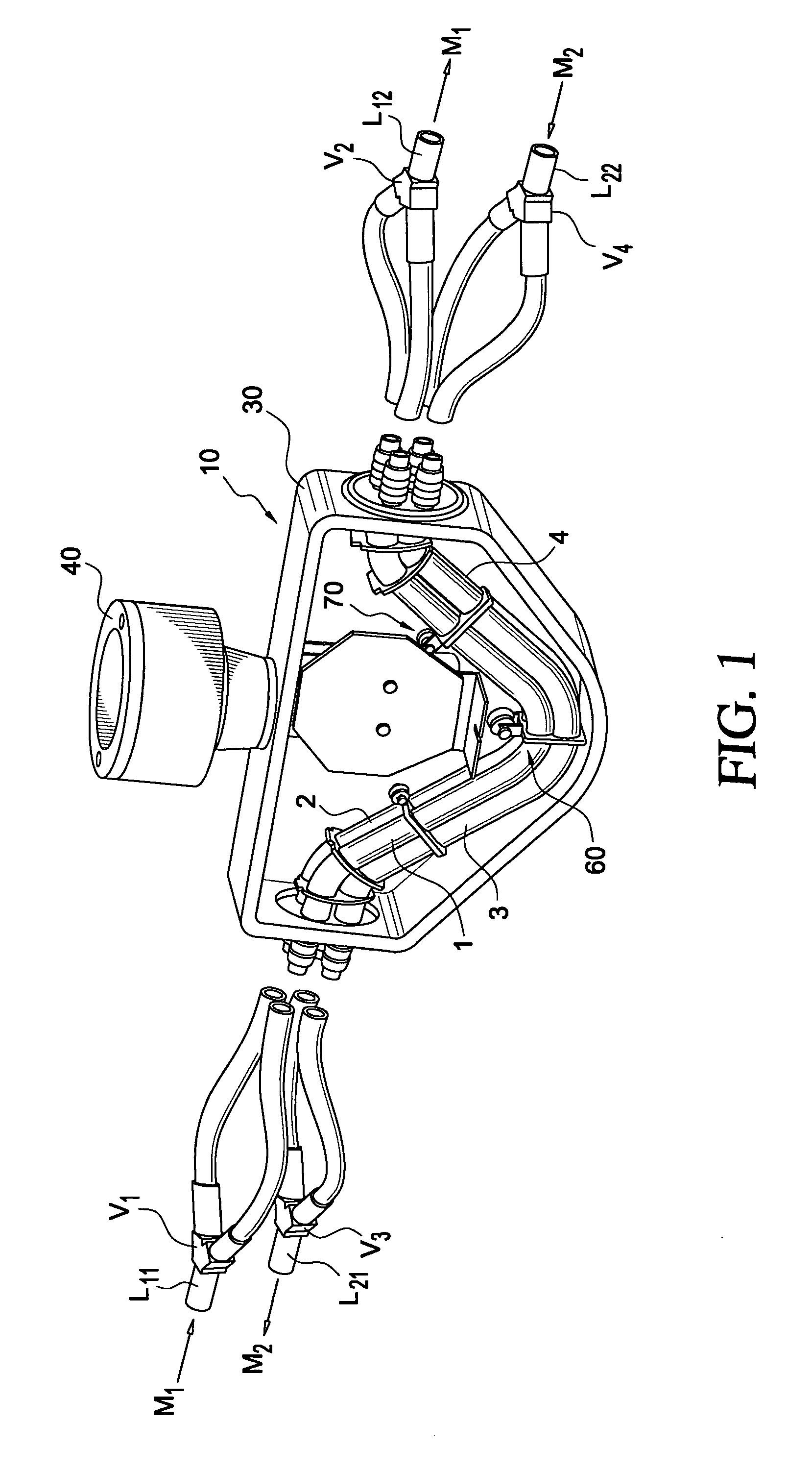 Vibration-type measurement pickup for measuring media flowing in two medium-lines, and inline measuring device having such a pickup