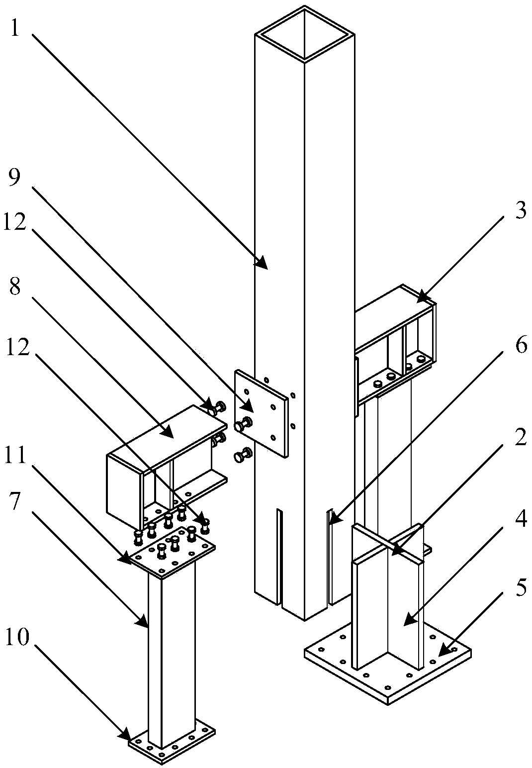 Crossed connecting column base node with additional lateral-resistance shearing wall and functions recoverable after earthquake