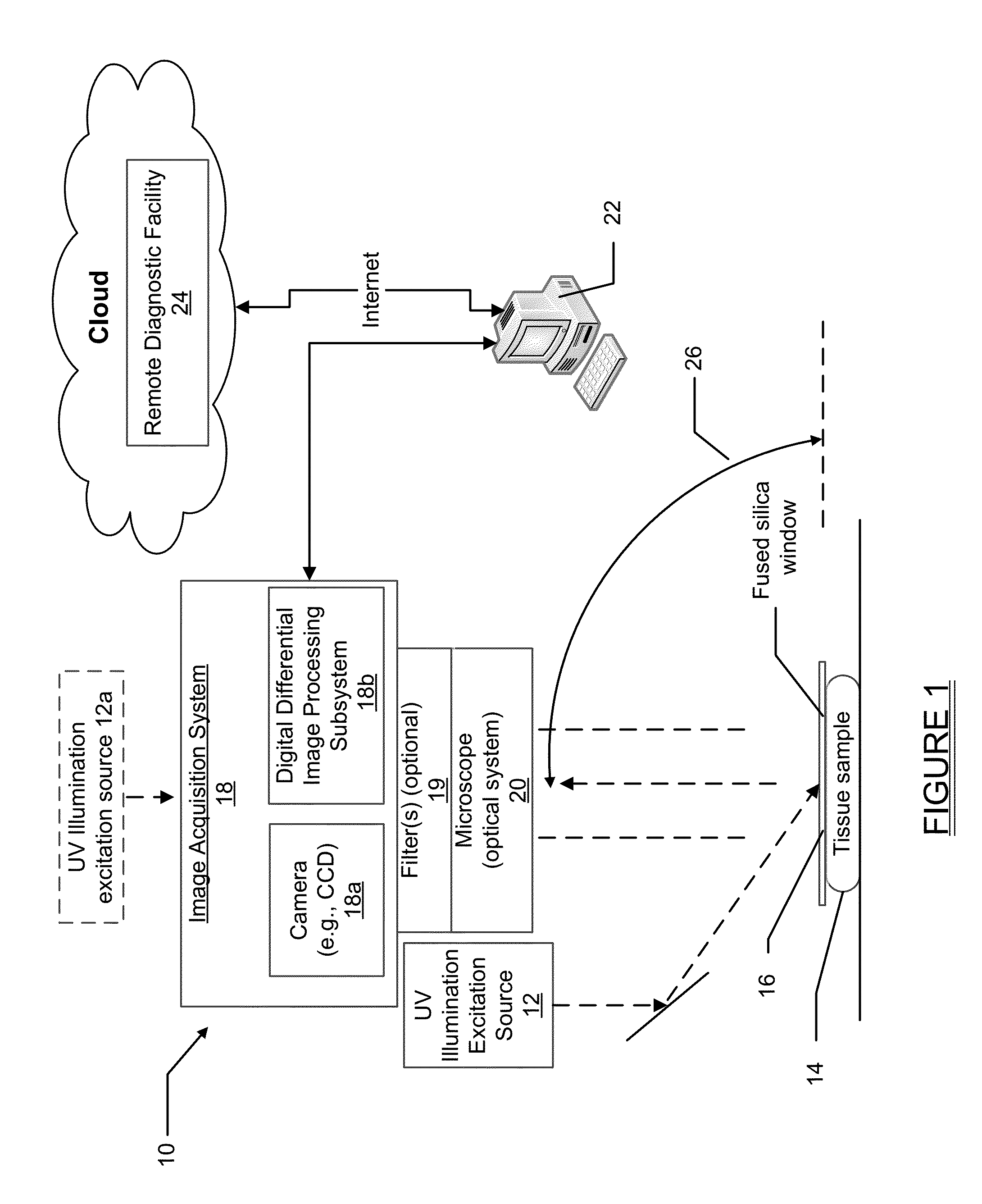 System and method for controlling depth of imaging in tissues using fluorescence microscopy under ultraviolet excitation following staining with fluorescing agents