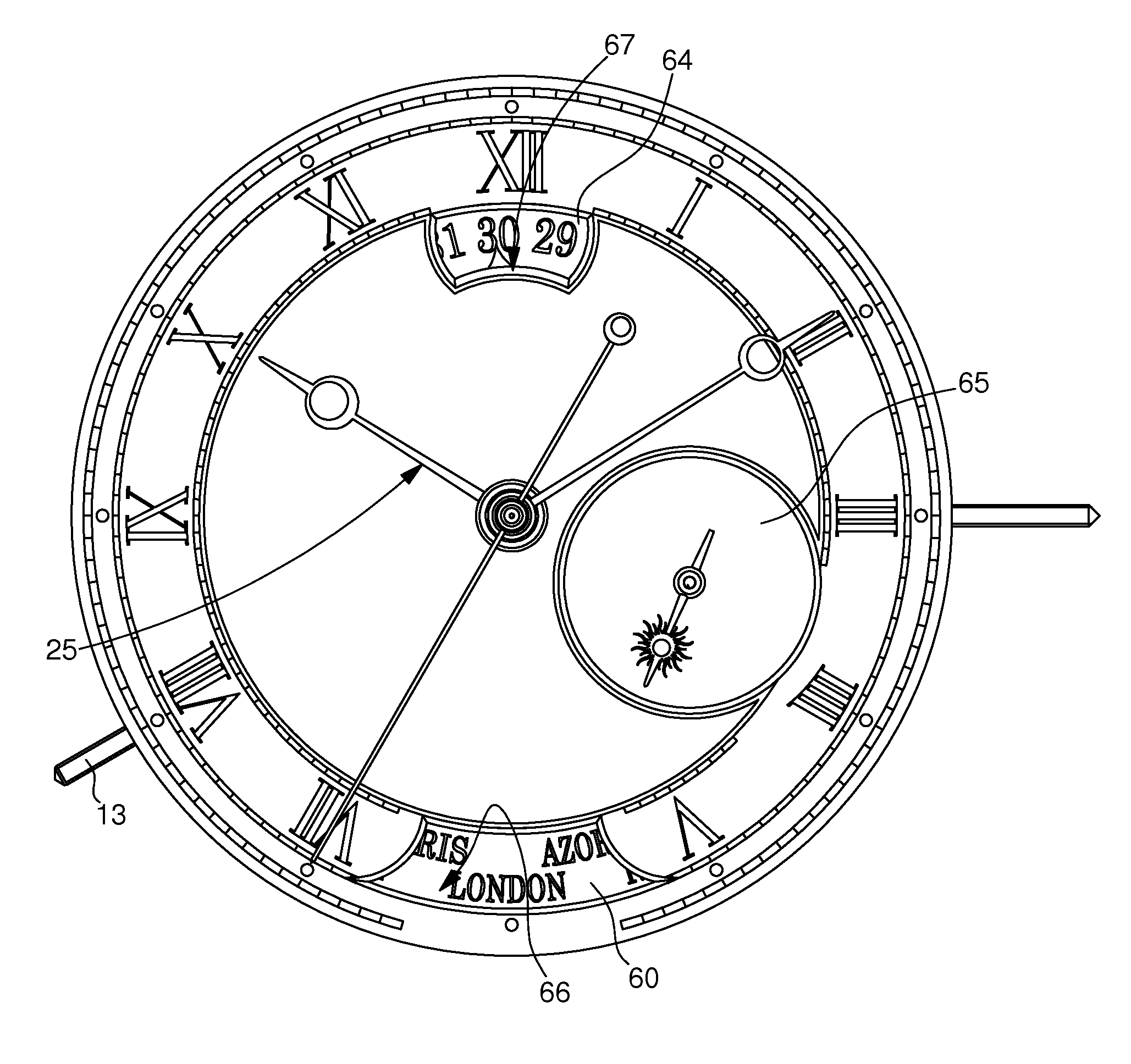 Time zone on demand on the main hands of a timepiece