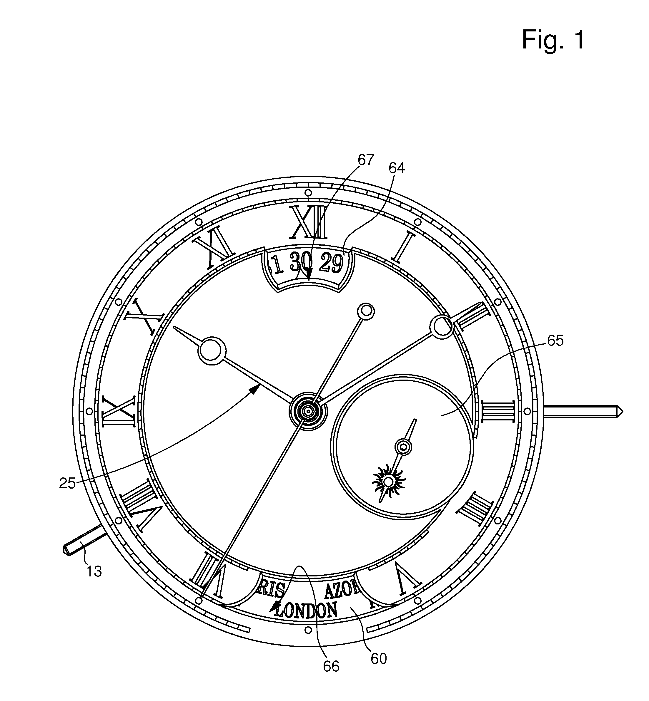 Time zone on demand on the main hands of a timepiece