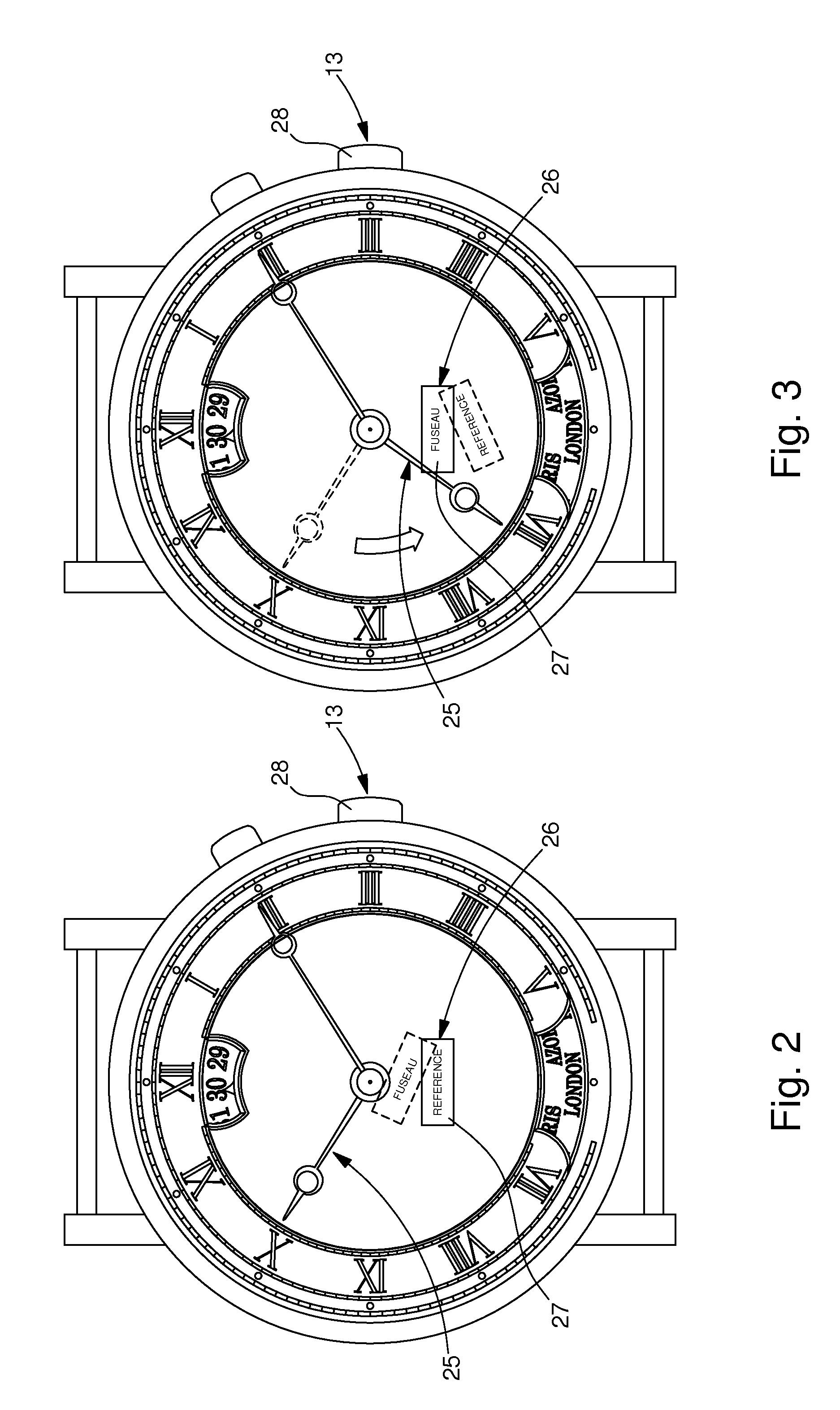 Time zone on demand on the main hands of a timepiece