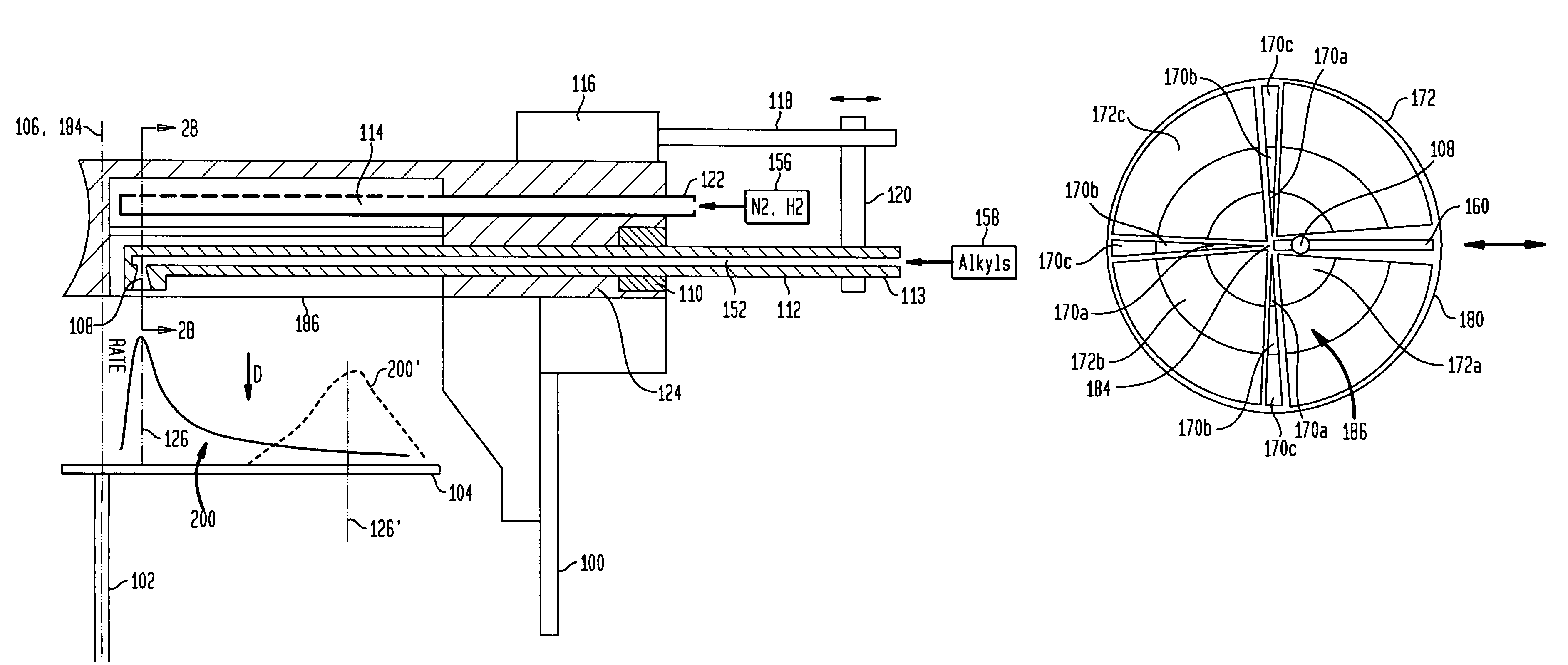 Movable injectors in rotating disc gas reactors