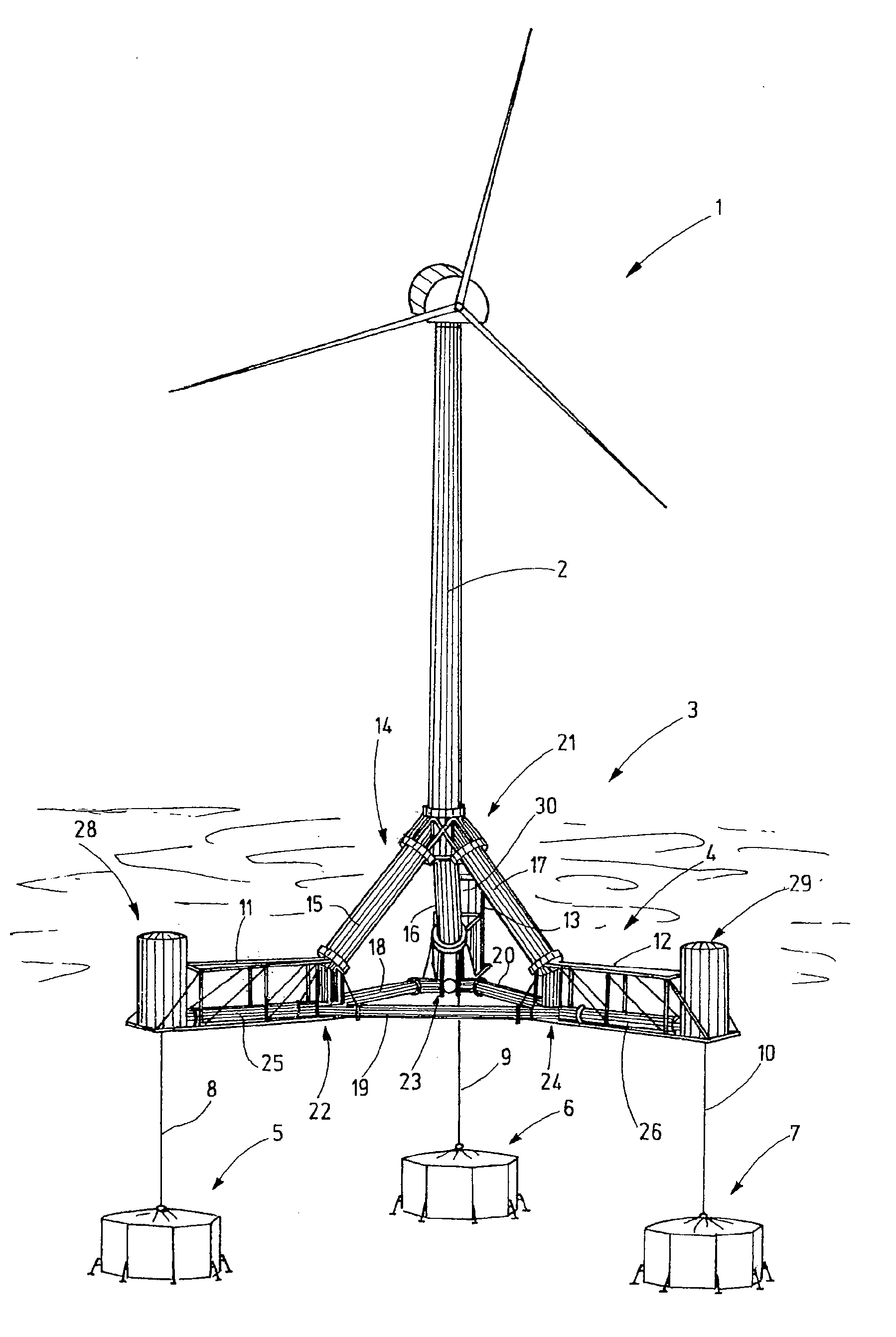 Floating foundation supporting framework with buoyancy components, having an open-relief design