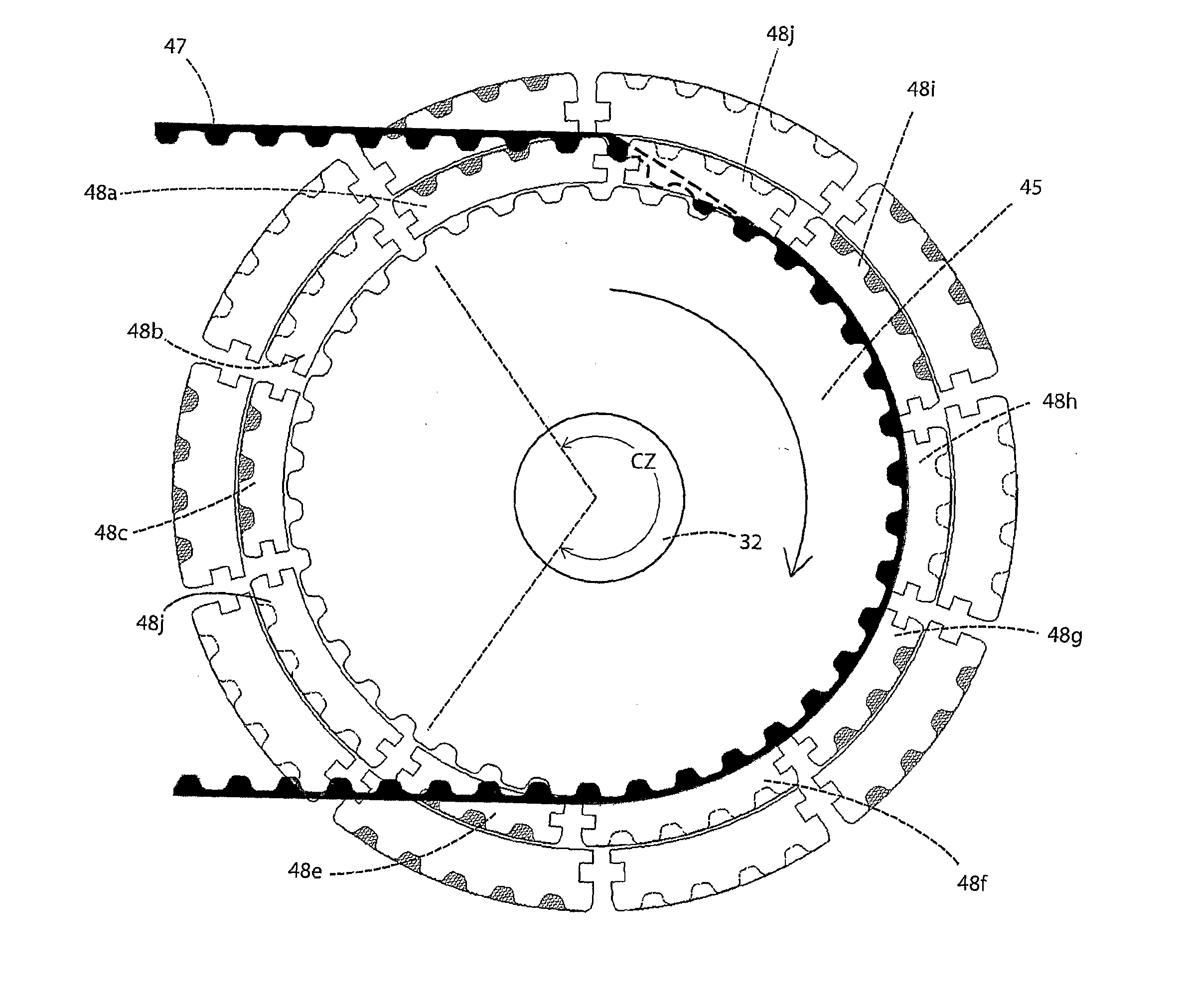 Synchronized segmentally interchanging pulley transmission system