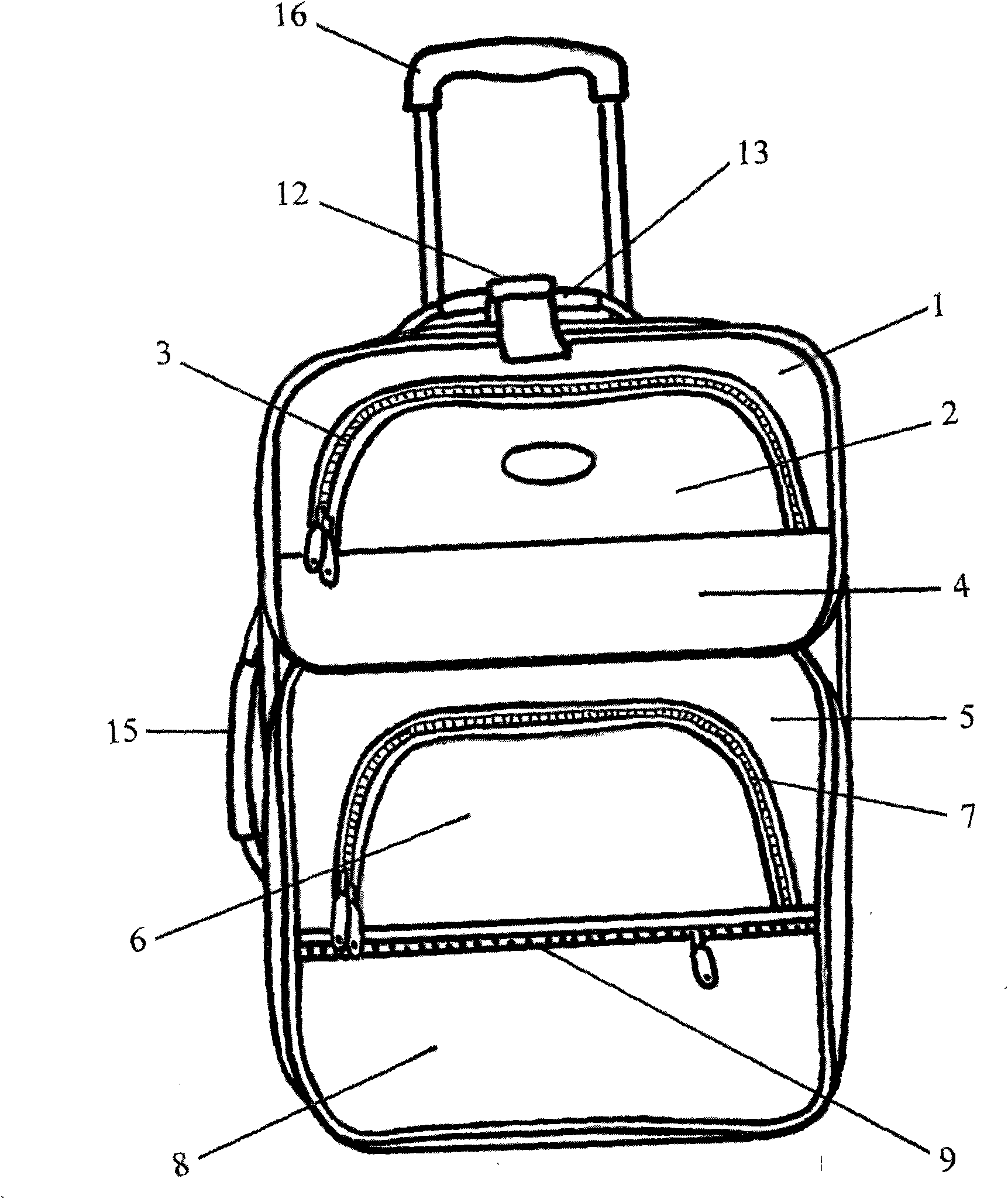 Draw-bar box having retaining ring, belt and three convex bags