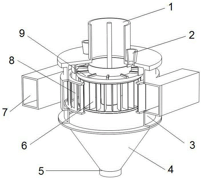 Vortex air classifier non-radial curved blade rotation cage