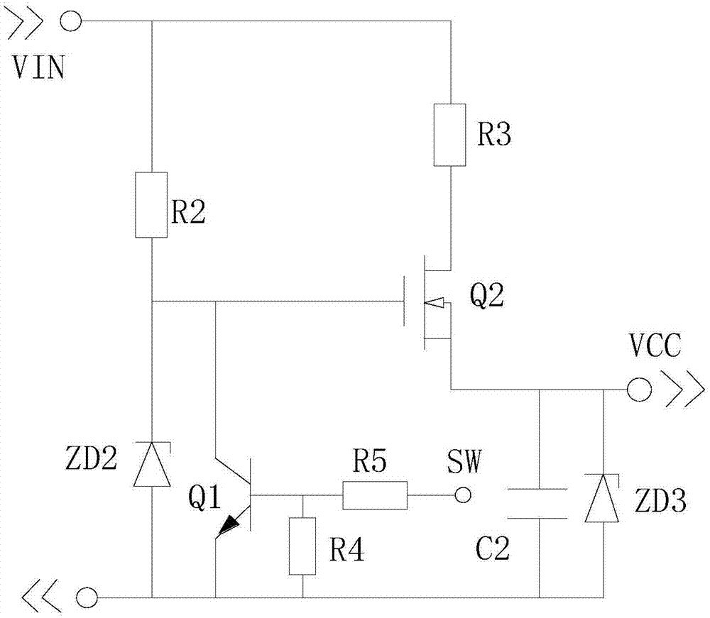 Starting circuit of PWM chip of super-wide voltage auxiliary power supply