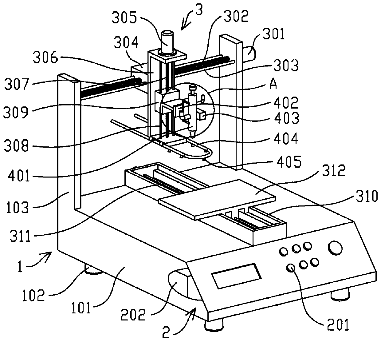 Proofreading type adhesive dispensing device for electronic manufacturing