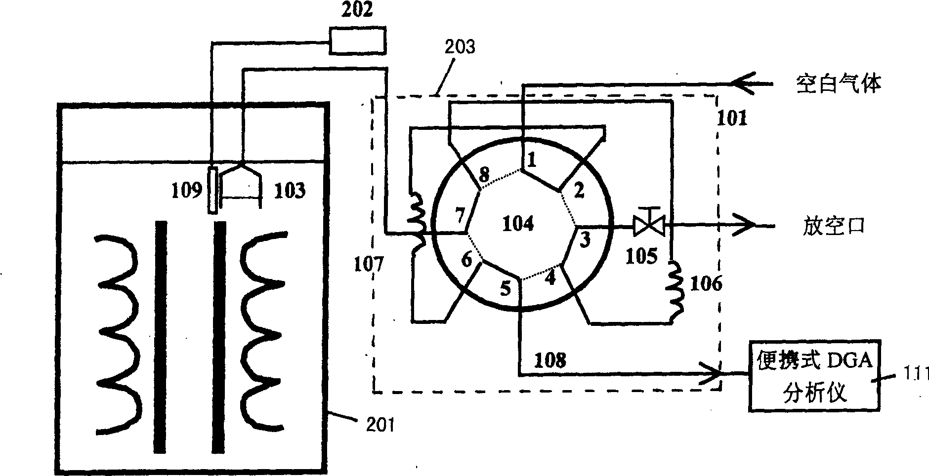 Dissolved gas sampling apparatus and method used in transformer oil gas-chromatography on-line analysis