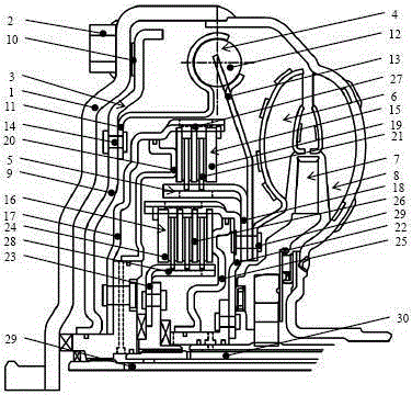 Hydraulic torque converter integrated with double radially nested type gear shifting clutches