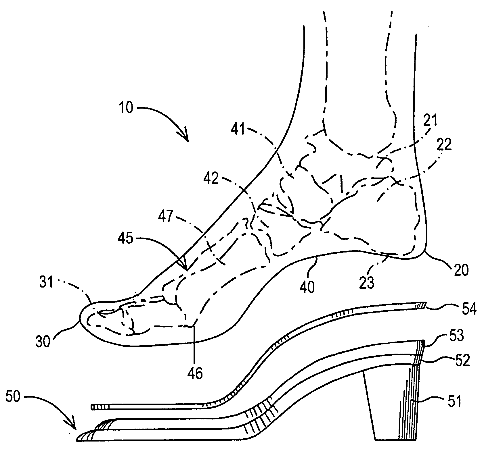 Device for high-heeled shoes and method of constructing a high-heeled shoe